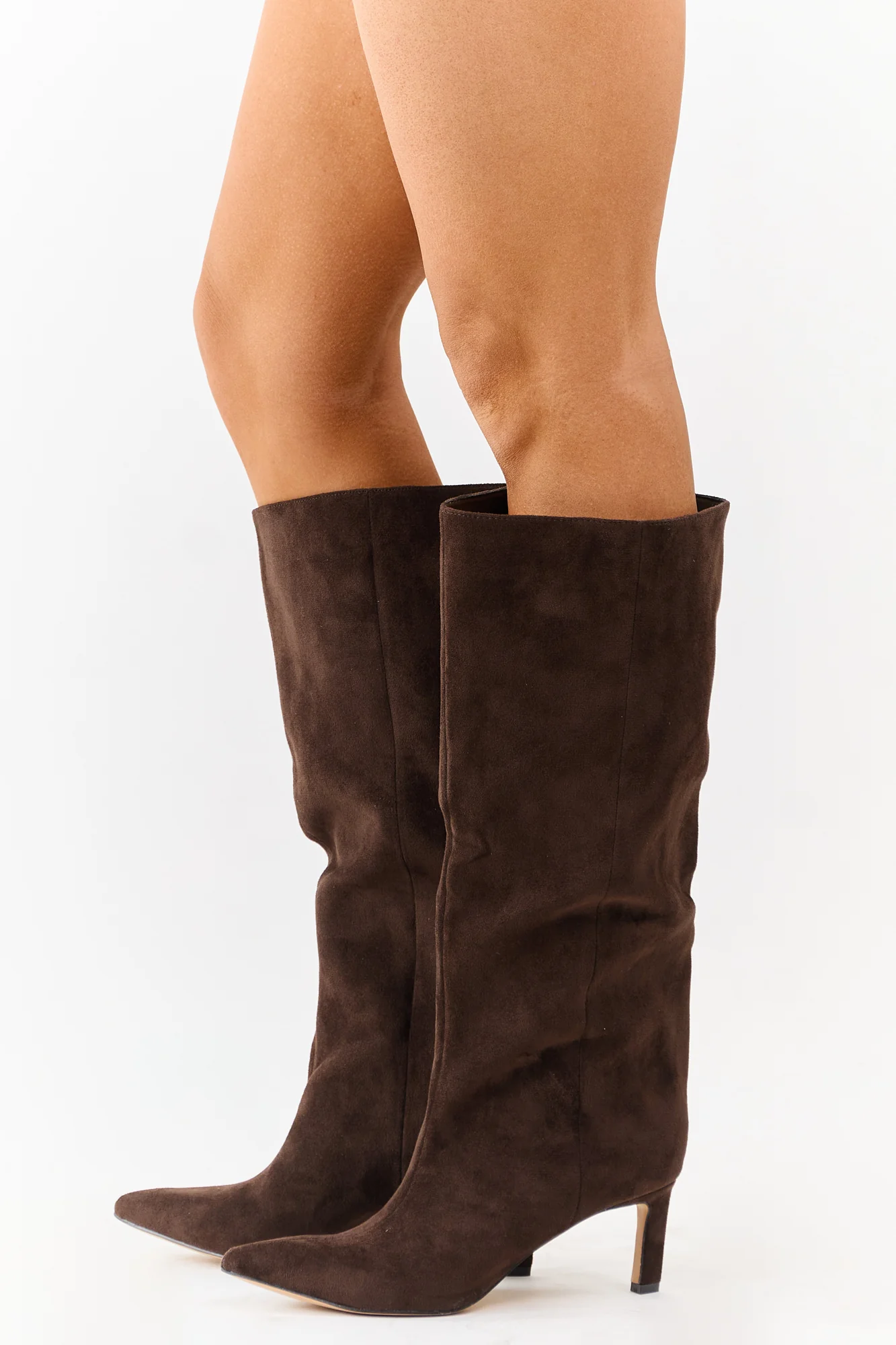Brown Faux Suede Heeled Tall Boots - Womens Pointed Toe Shoes