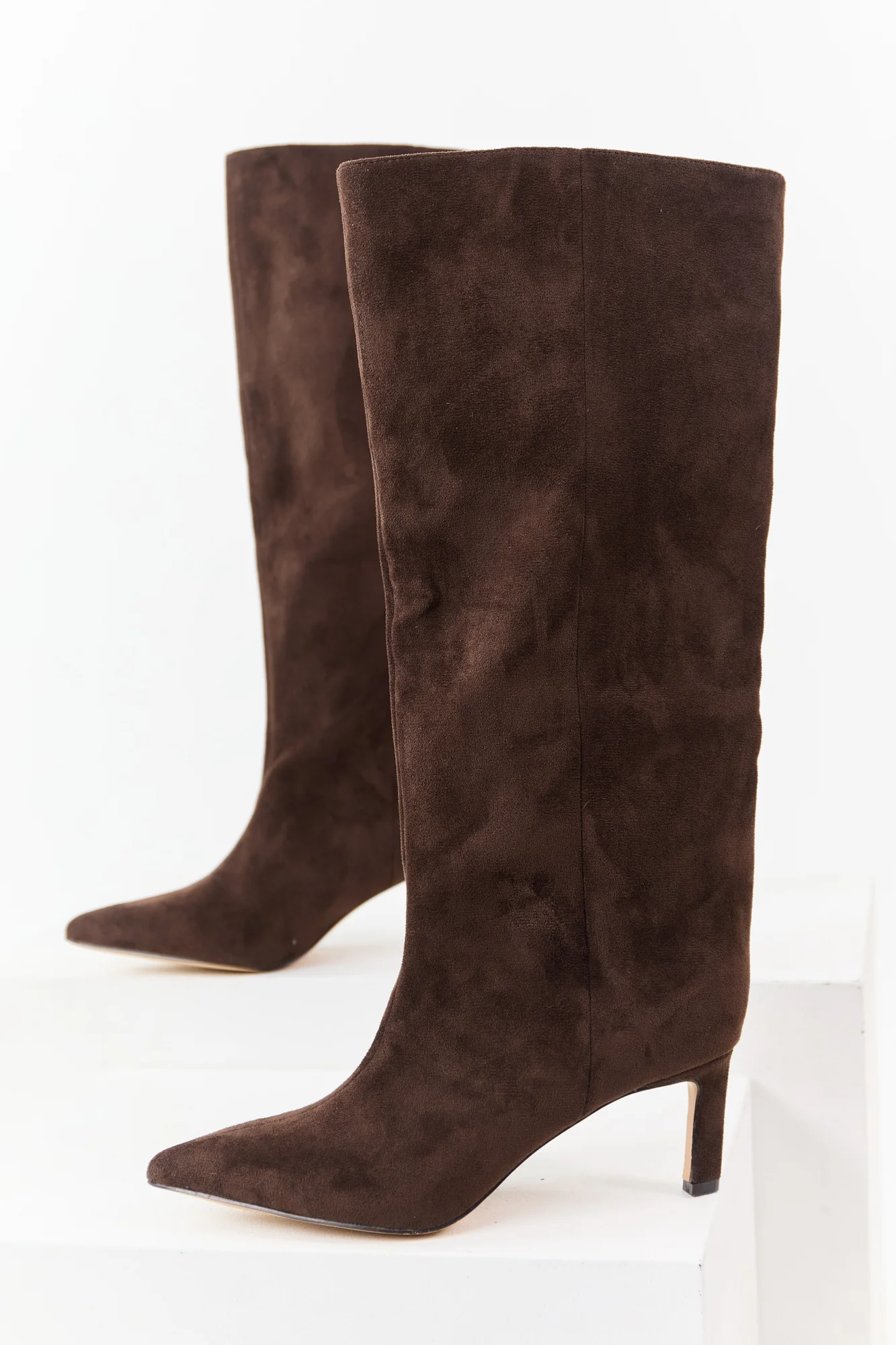 Brown Faux Suede Heeled Tall Boots - Womens Pointed Toe Shoes
