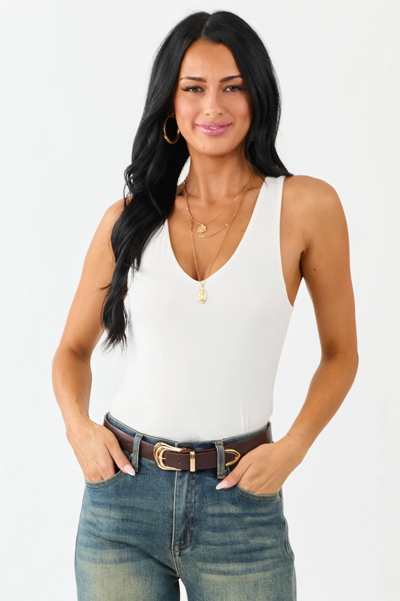 White Double Layer Knit V-Neck Tank Top
