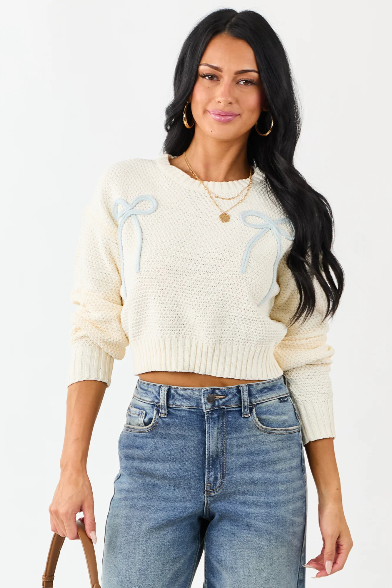 Cream Crochet Knit Bow Detail Sweater