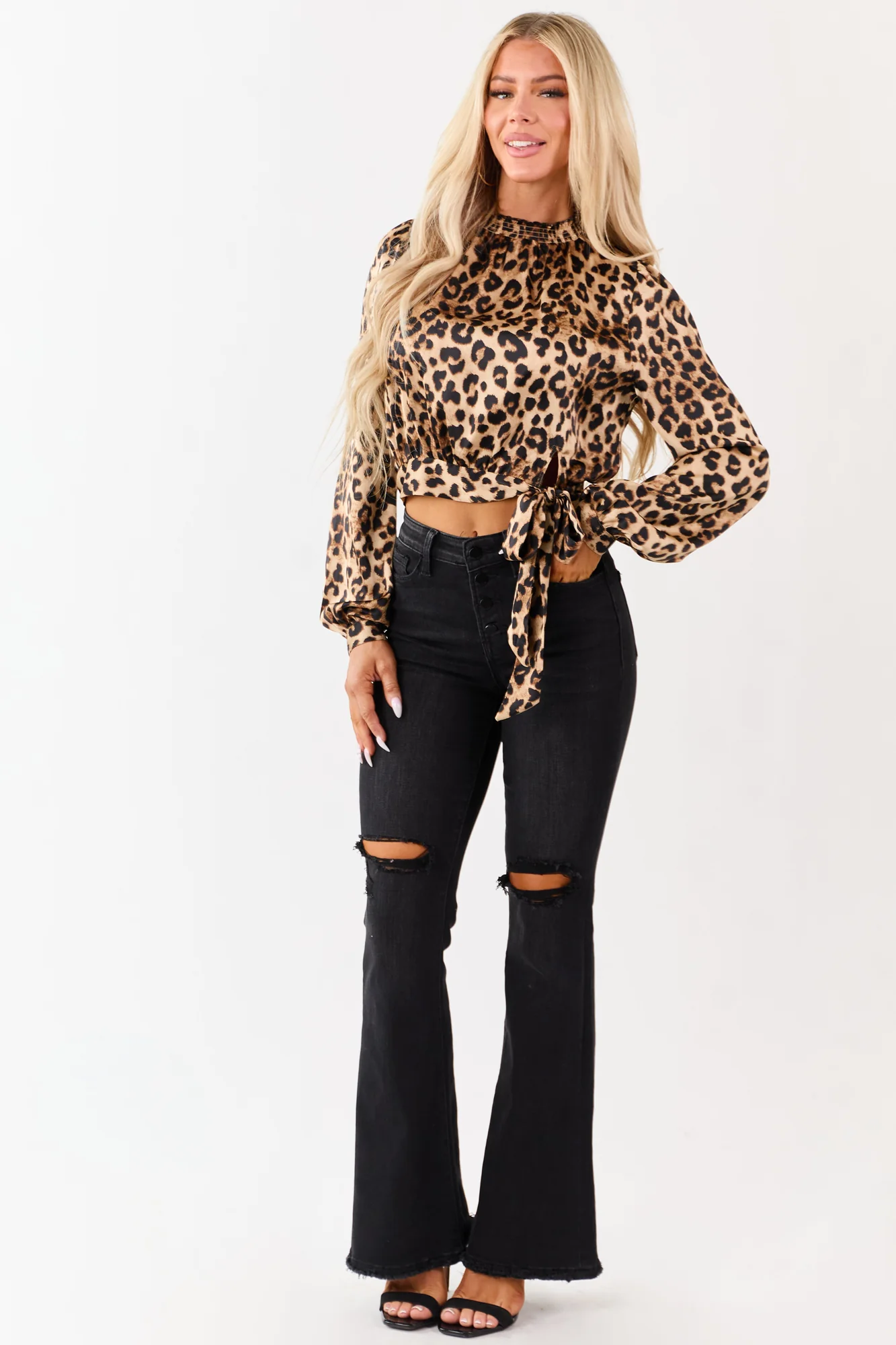 Chic Beige Leopard Print Smocked Neck Top