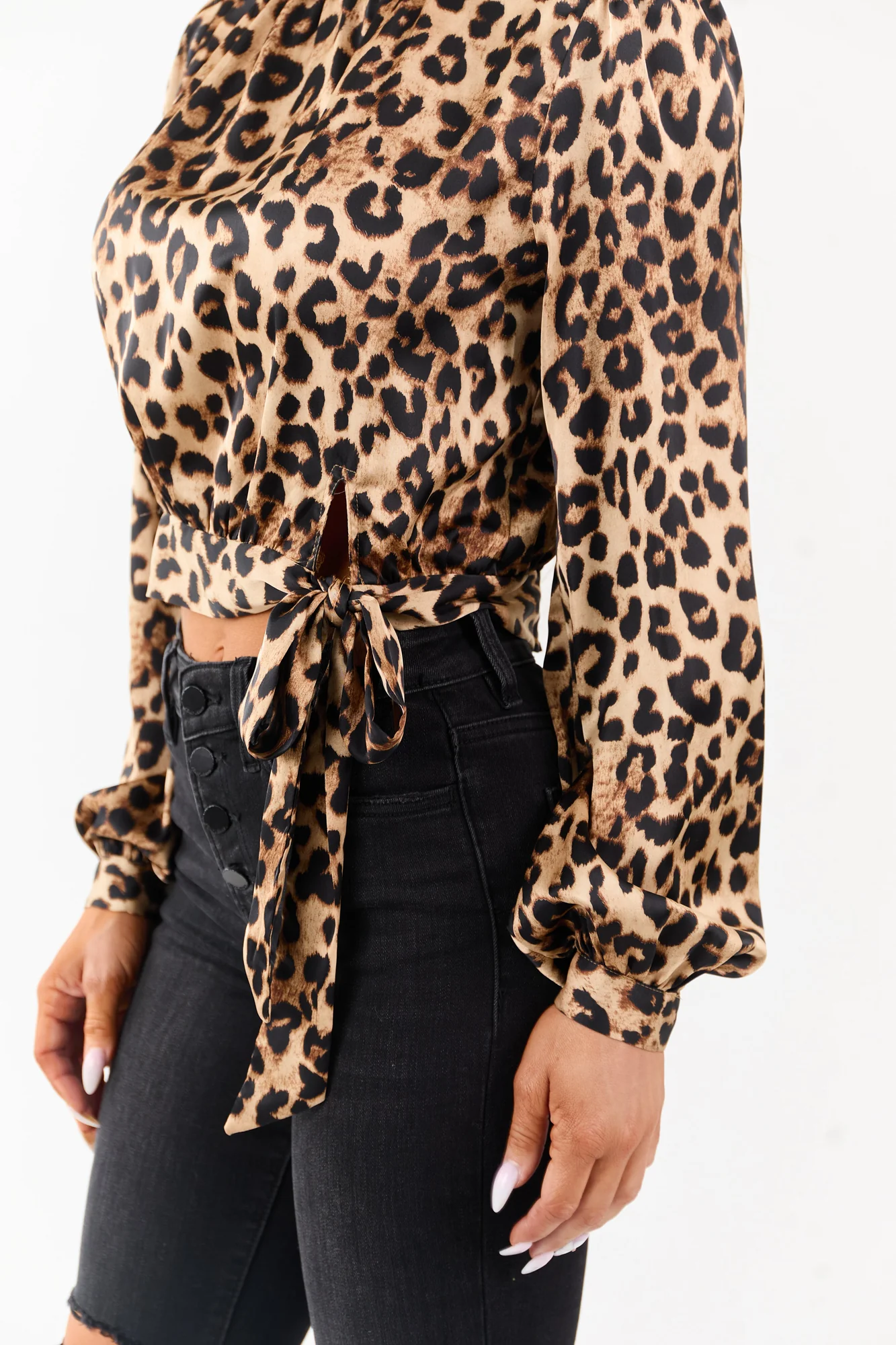 Chic Beige Leopard Print Smocked Neck Top