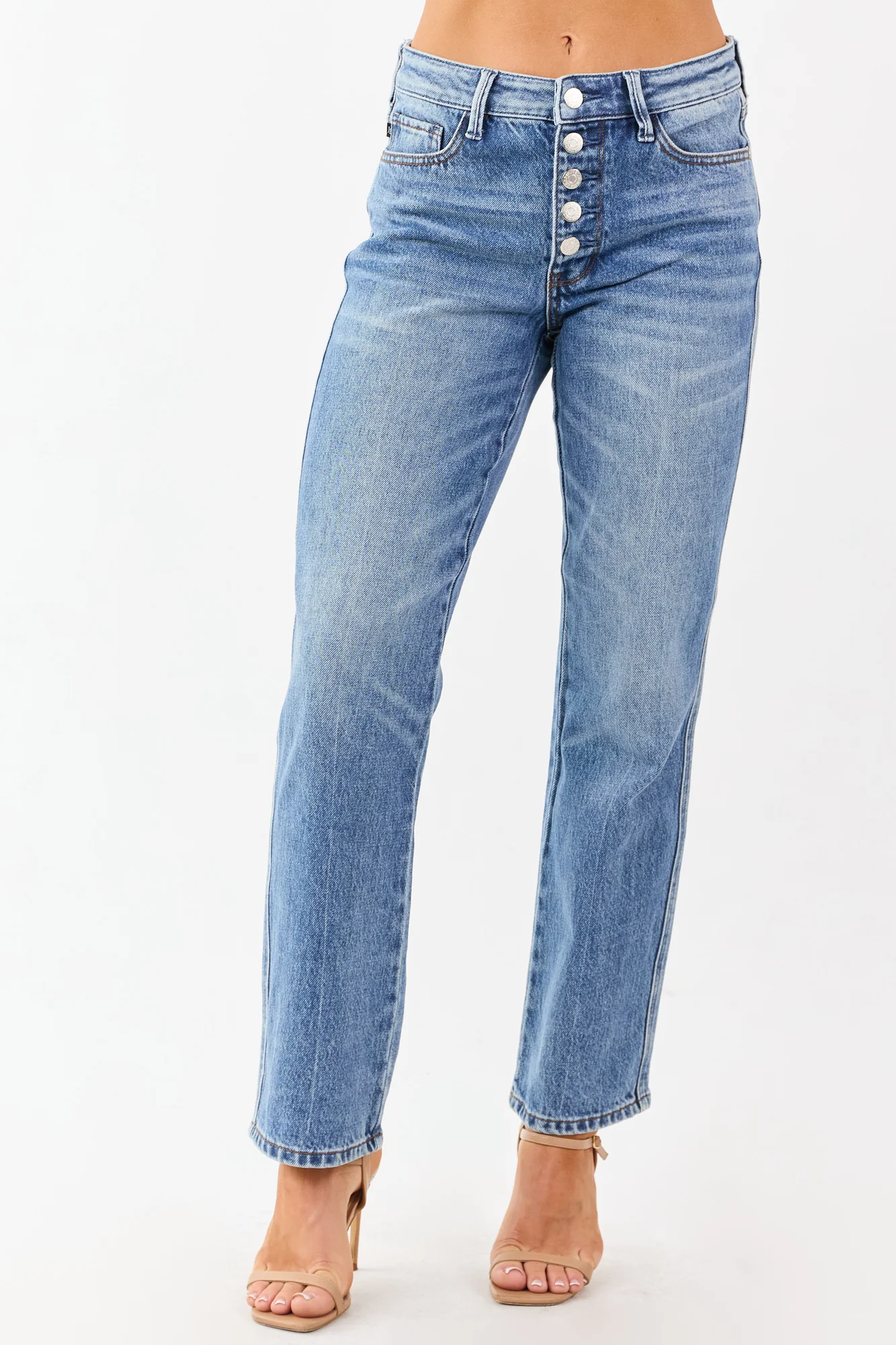 Medium Wash High Rise Slim Straight Jeans in Blue Cotton Denim