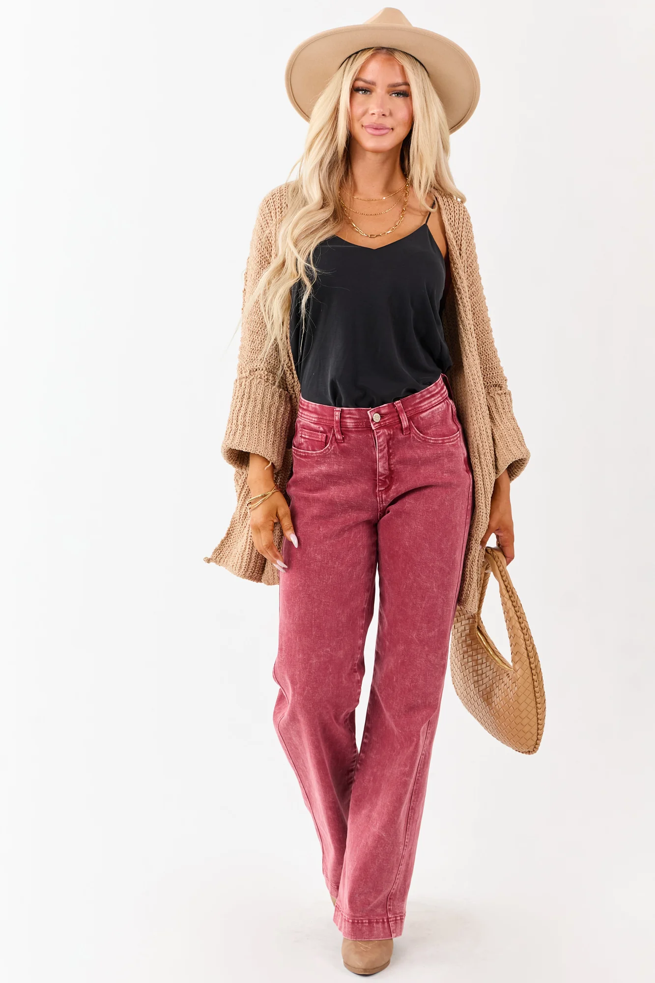 Slimming High Rise Red Straight Jeans with Tummy Control Mesh Panel