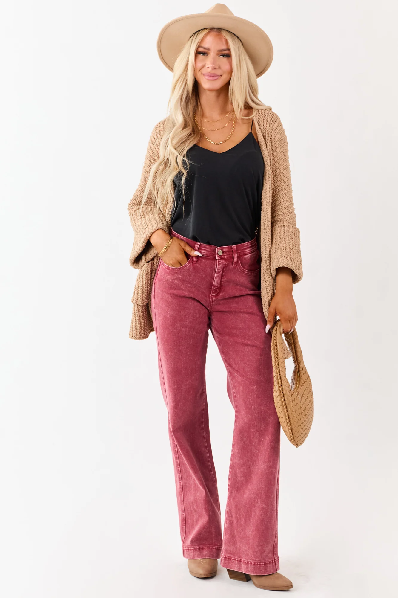 Slimming High Rise Red Straight Jeans with Tummy Control Mesh Panel