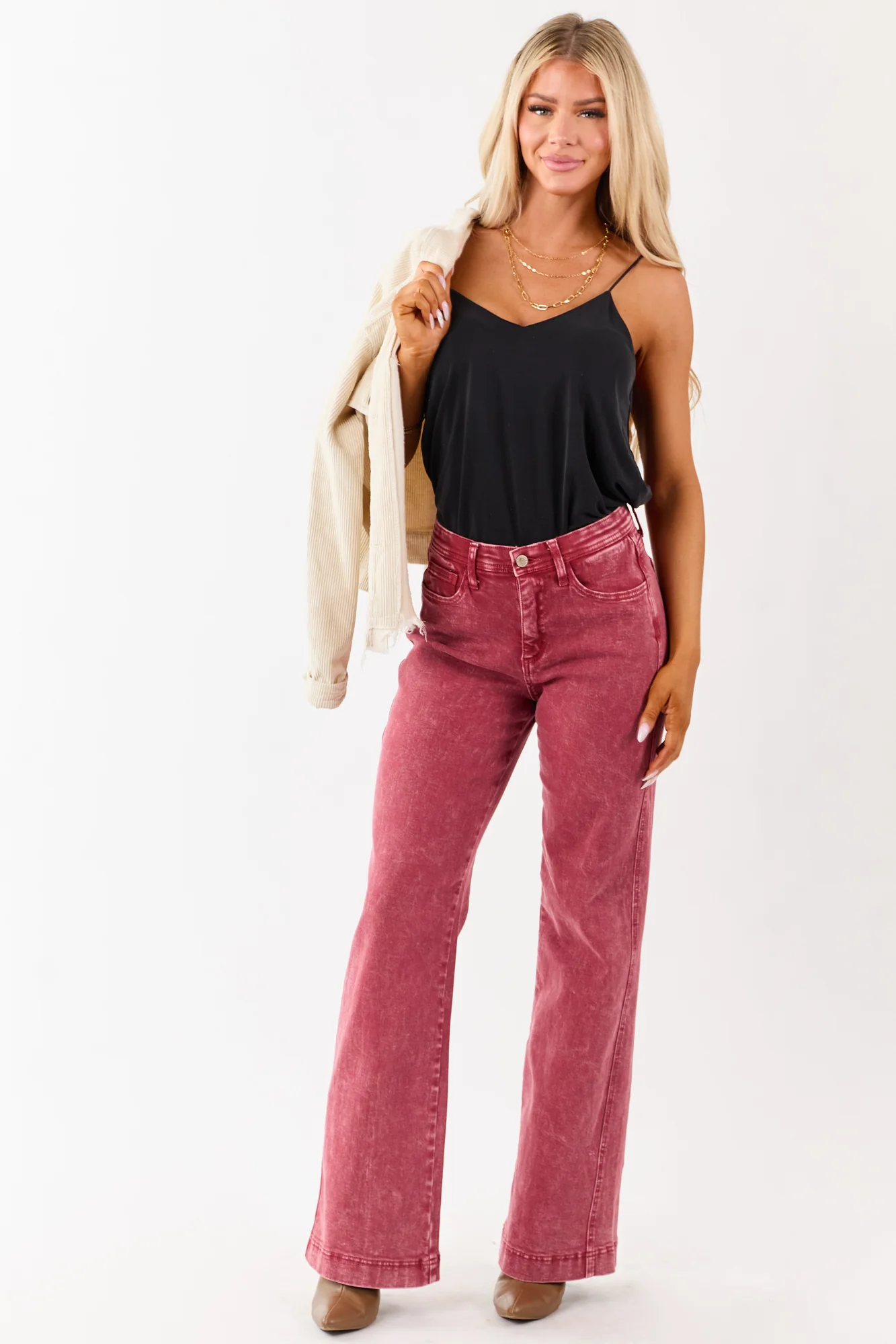 Slimming High Rise Red Straight Jeans with Tummy Control Mesh Panel