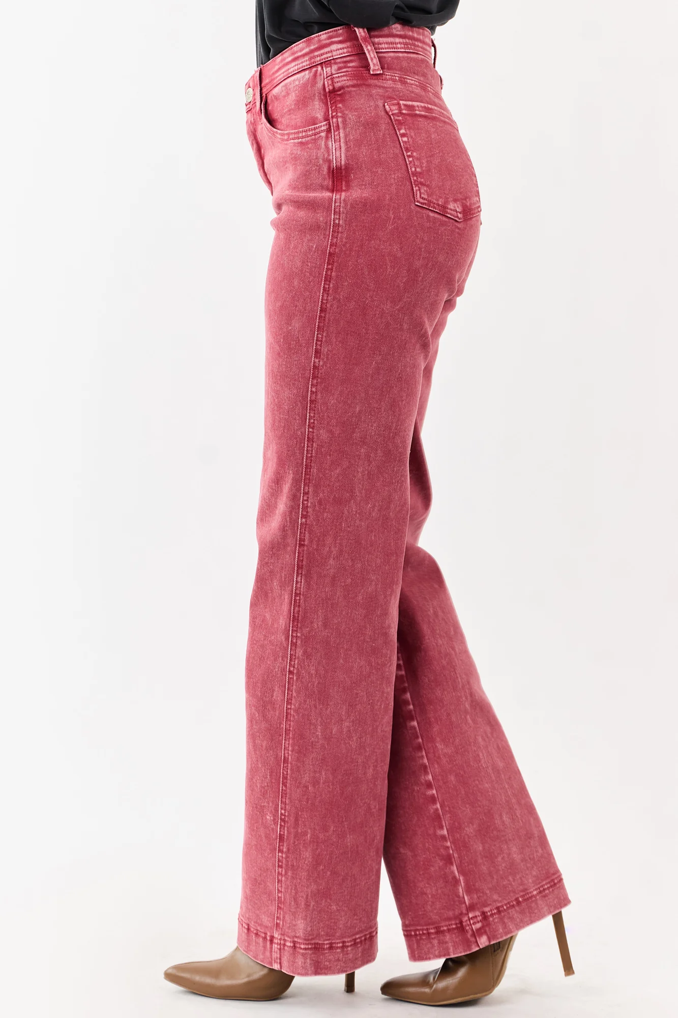 Slimming High Rise Red Straight Jeans with Tummy Control Mesh Panel