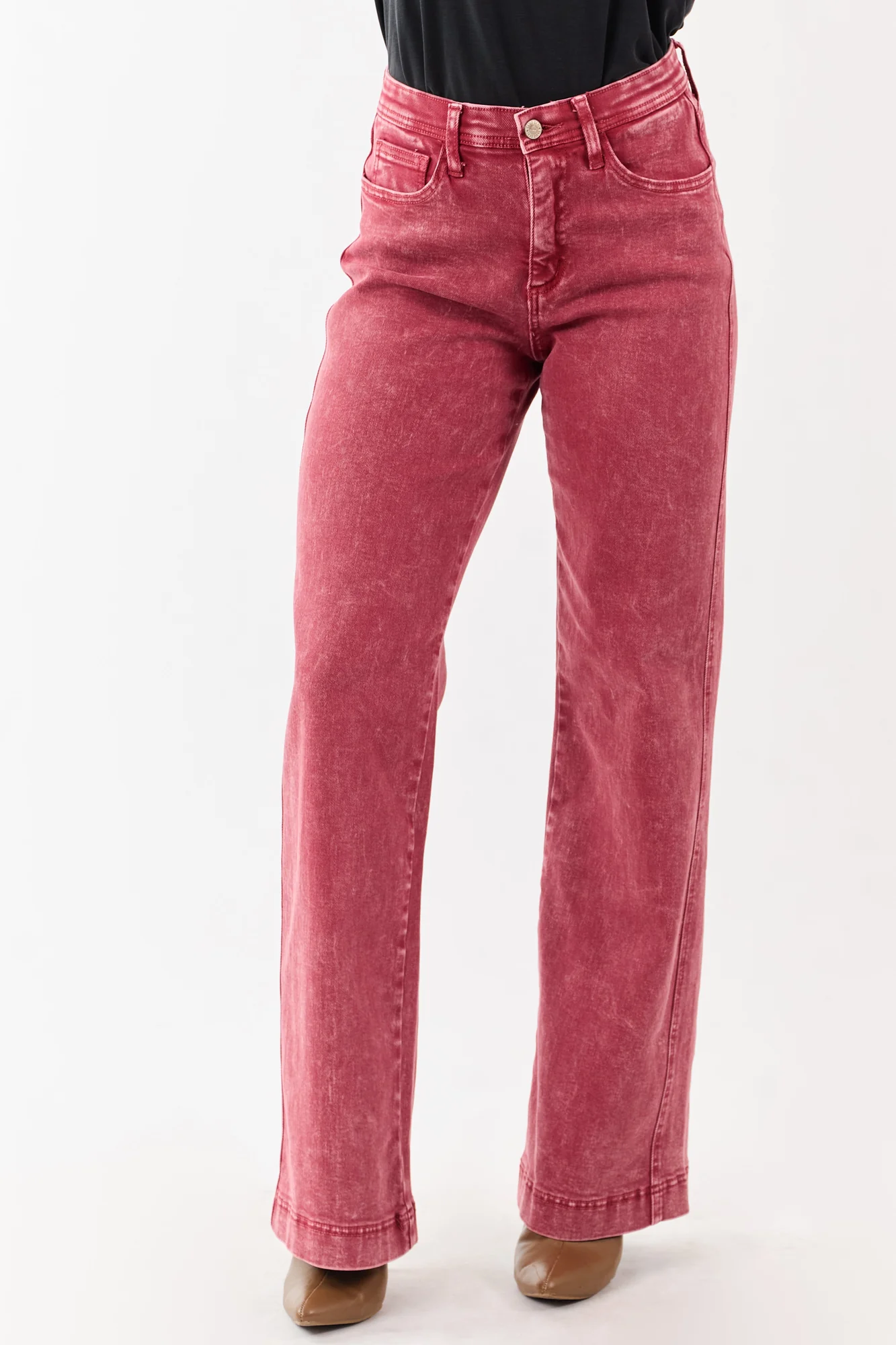 Slimming High Rise Red Straight Jeans with Tummy Control Mesh Panel