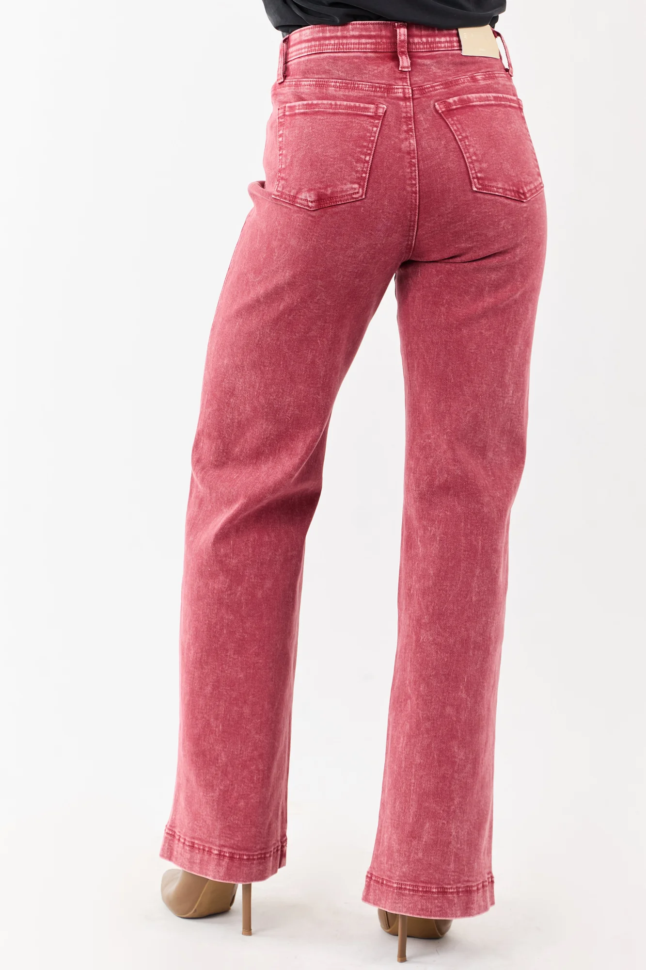 Slimming High Rise Red Straight Jeans with Tummy Control Mesh Panel