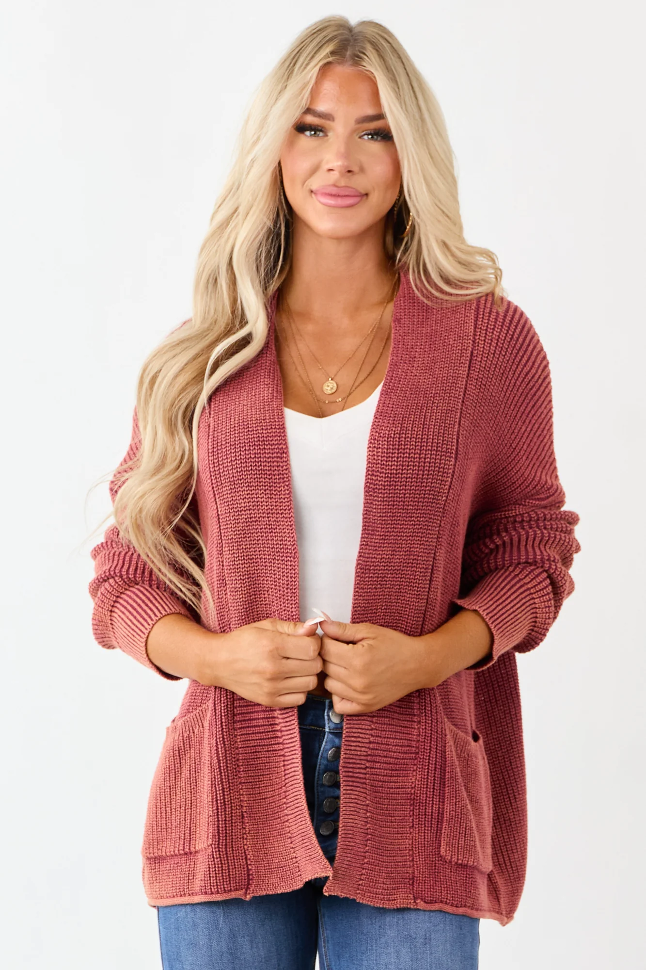 Red Cotton Open Front Sweater Cardigan - Comfort & Style