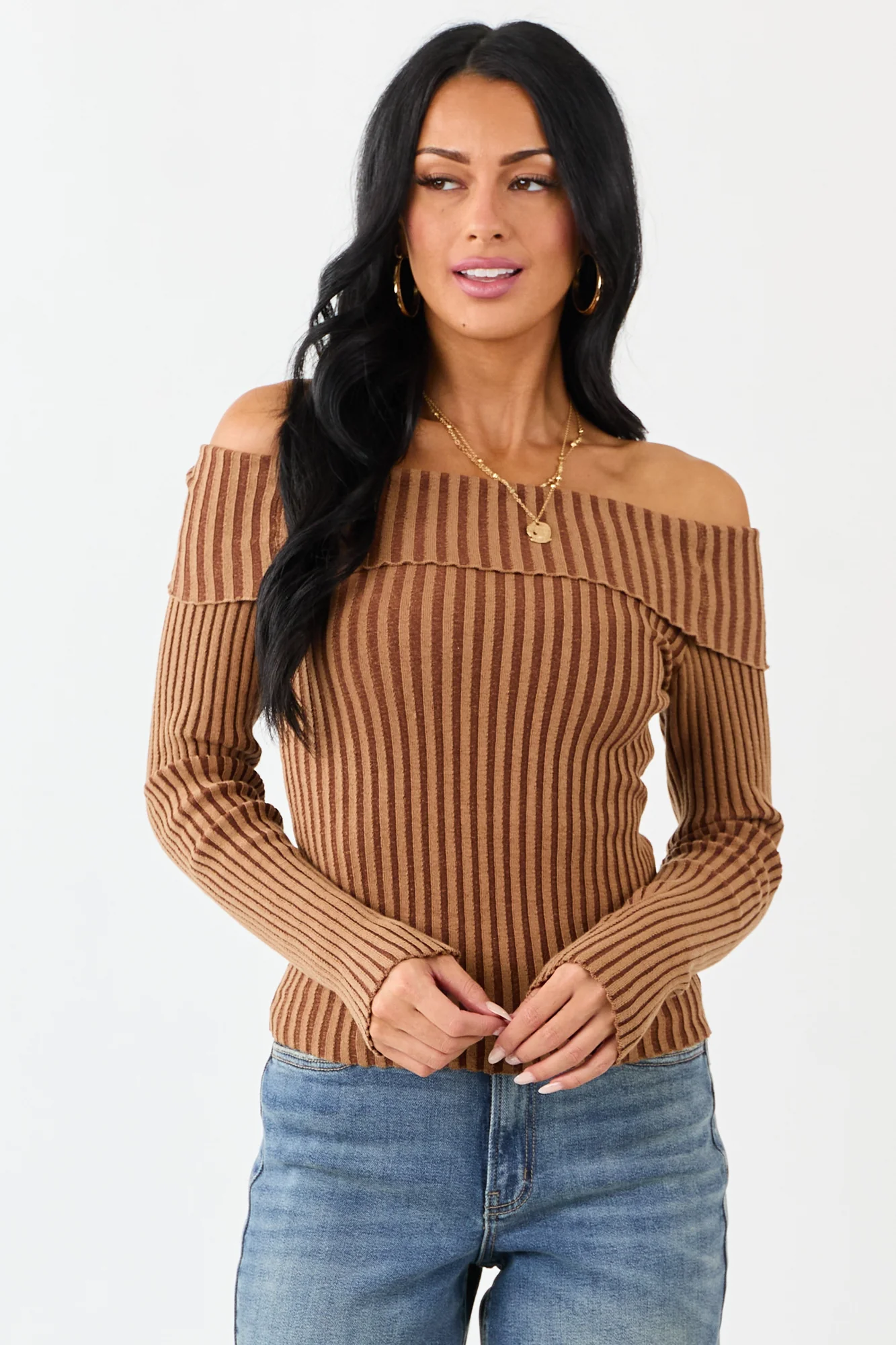 Brown Rib Knit Off-Shoulder Crop Top