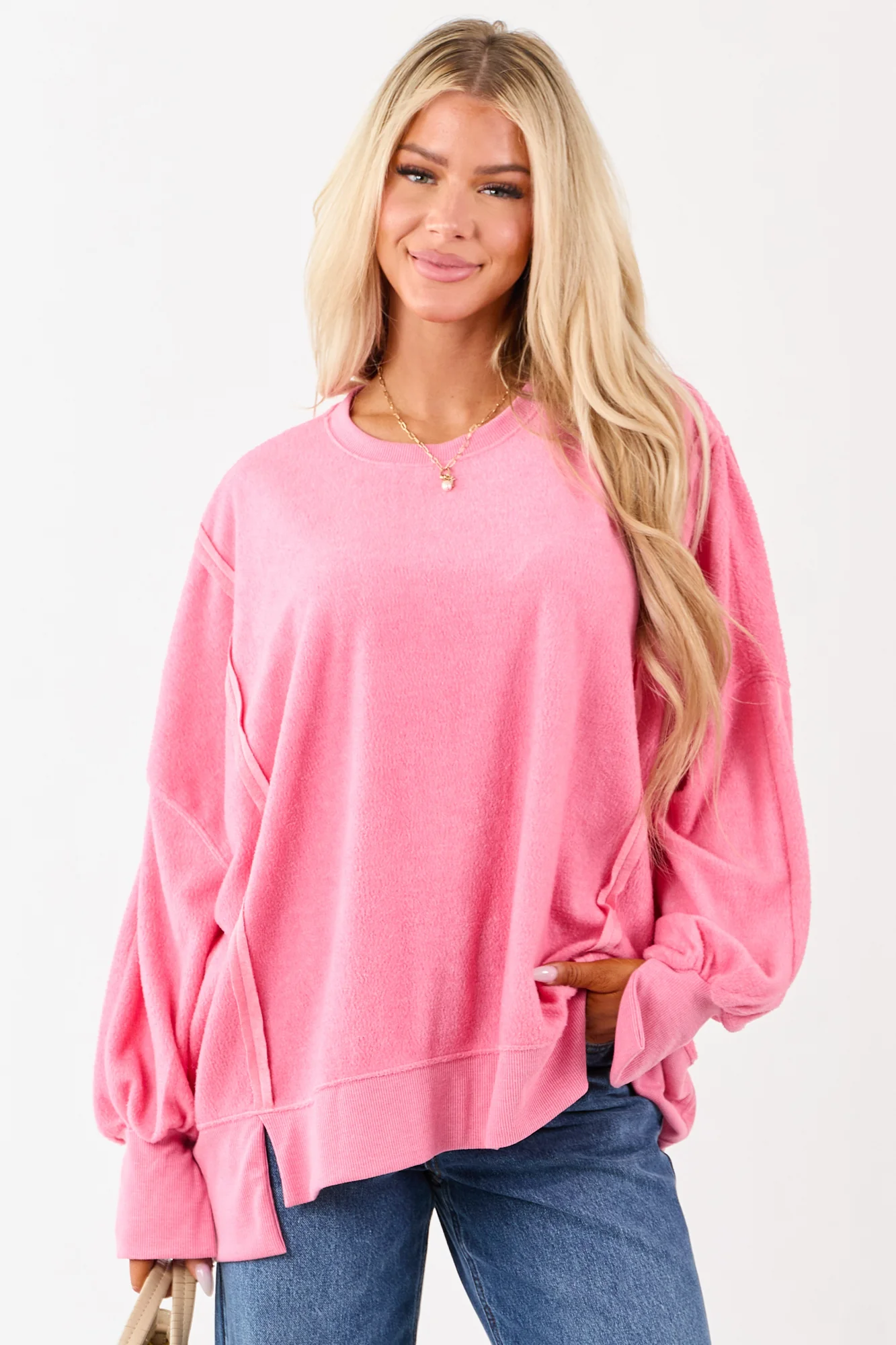 Pink Fleece Crew Neck Oversized Sweatshirt