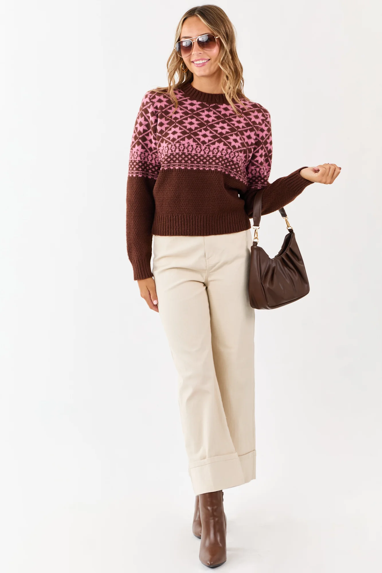 Brown Geometric Print Mock Neck Sweater