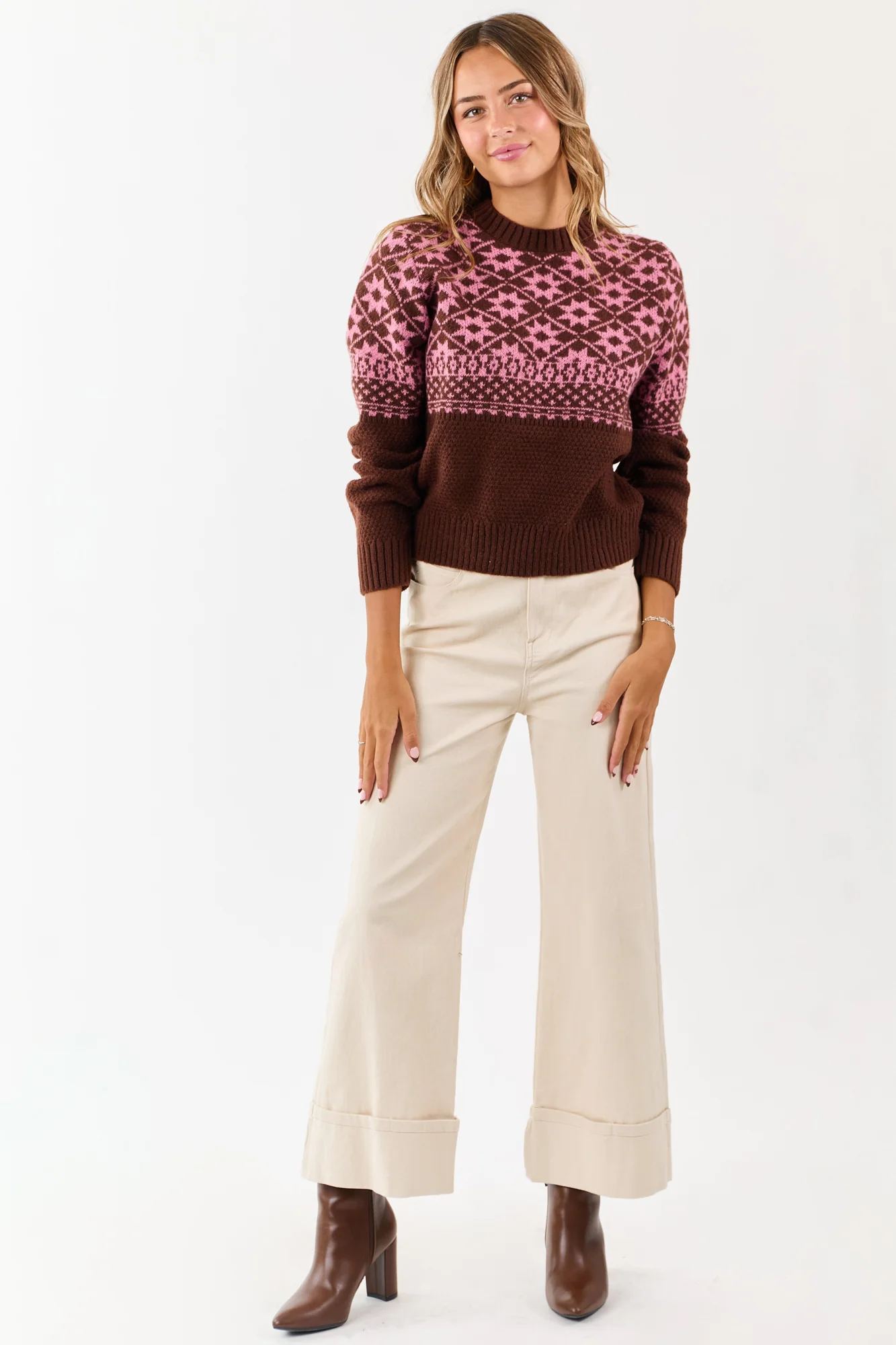 Brown Geometric Print Mock Neck Sweater