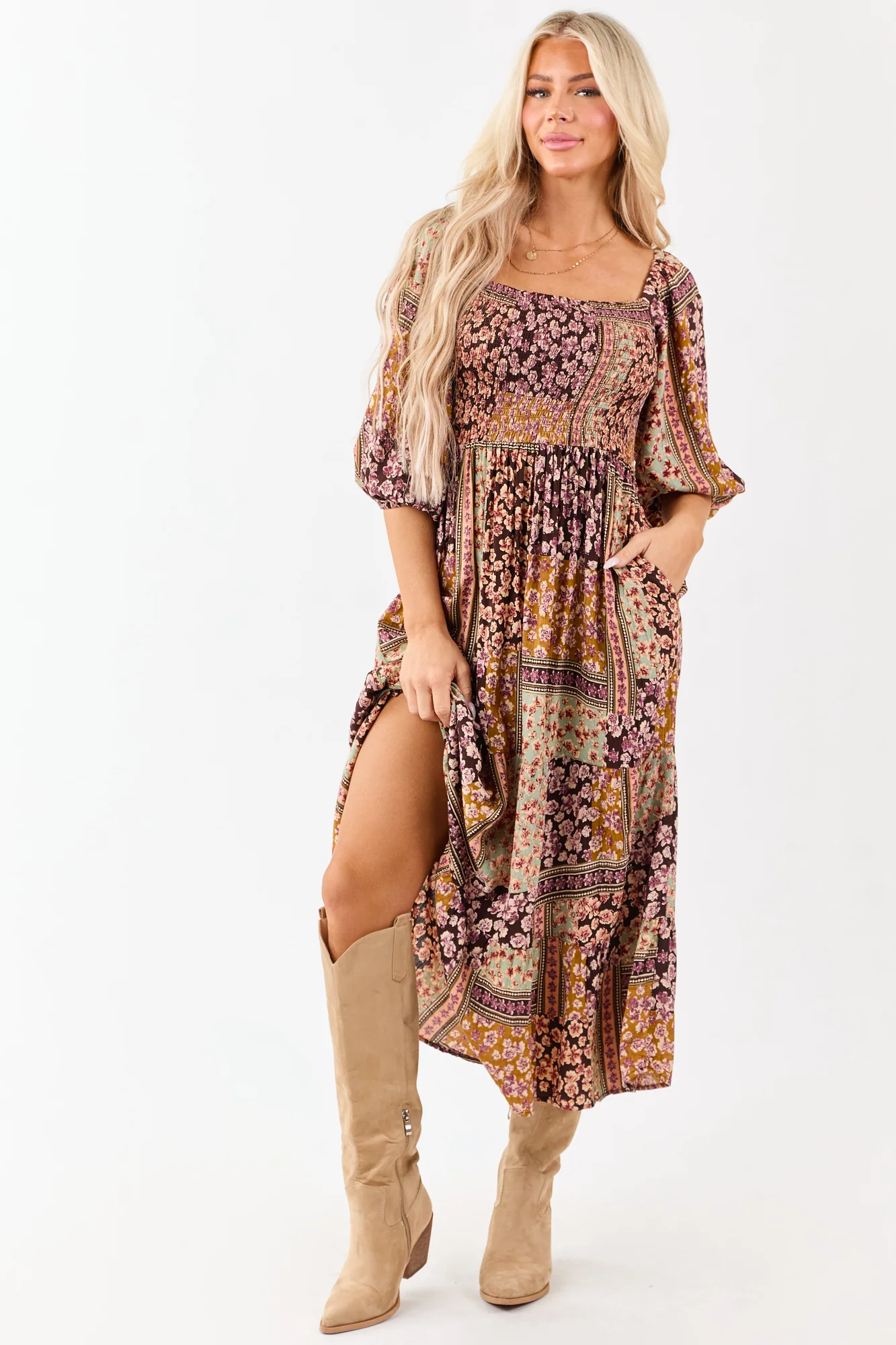 Boho Floral Smocked Midi Dress in Cocoa