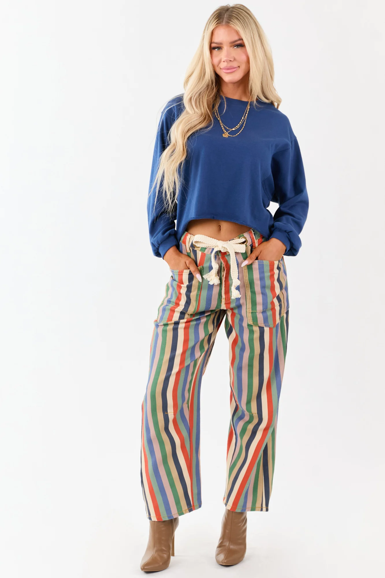 Multicolor Striped Wide Leg Denim Pants