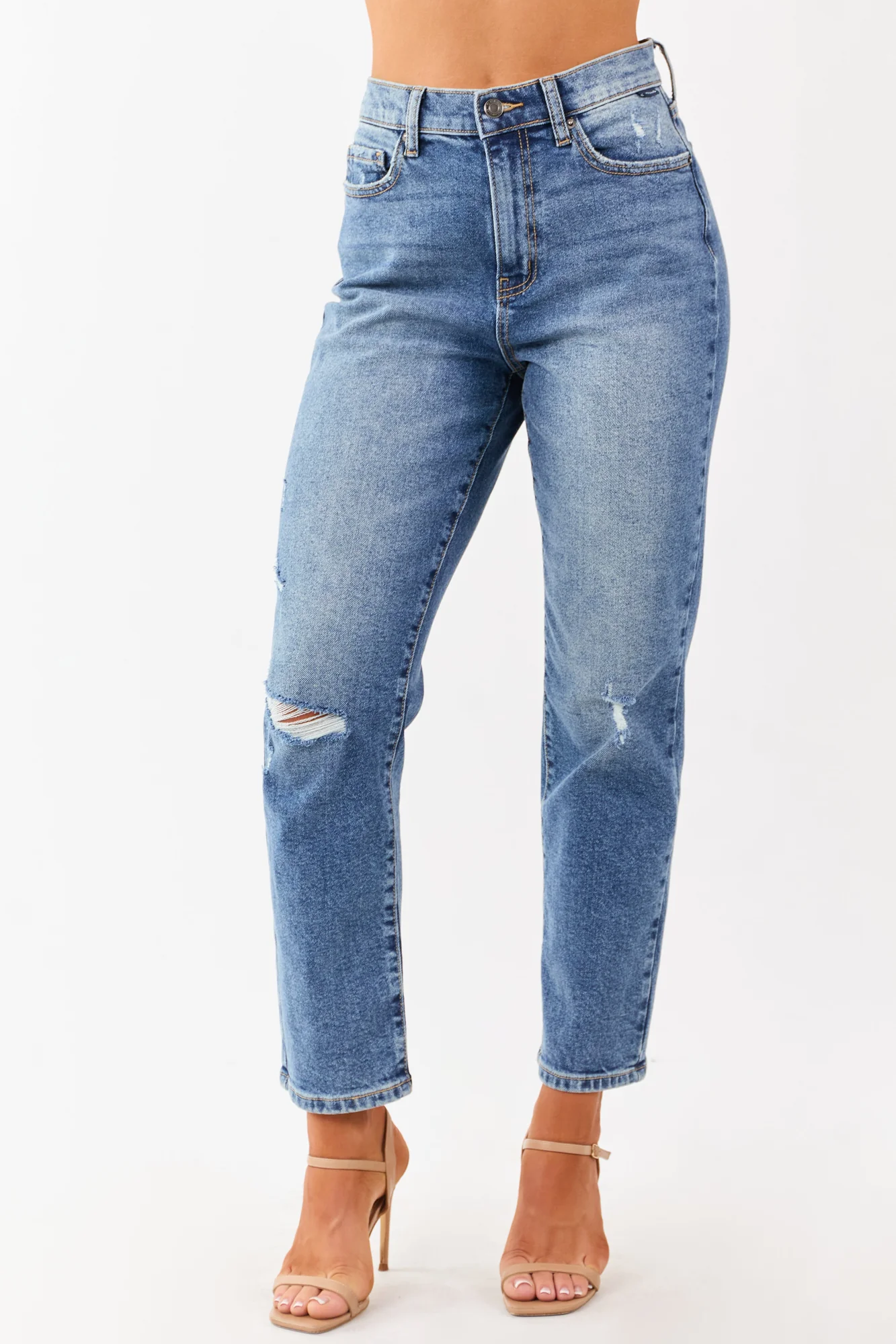 High Rise Medium Wash Distressed Slim Jeans