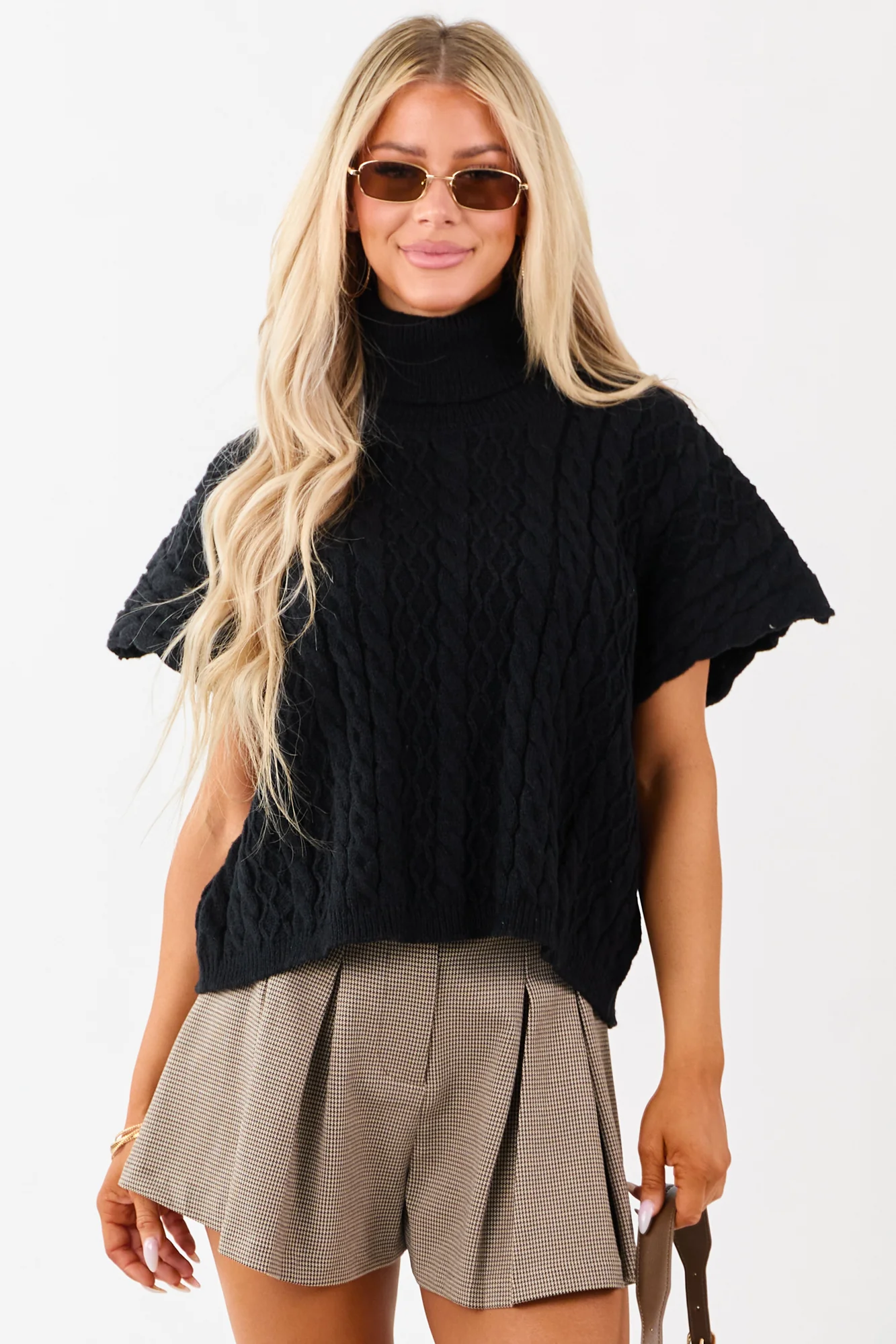 Chunky Black Cable Knit Short Sleeve Sweater