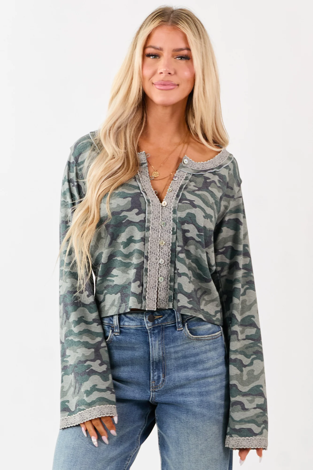 Sage Camo Print Knit Button Down Top