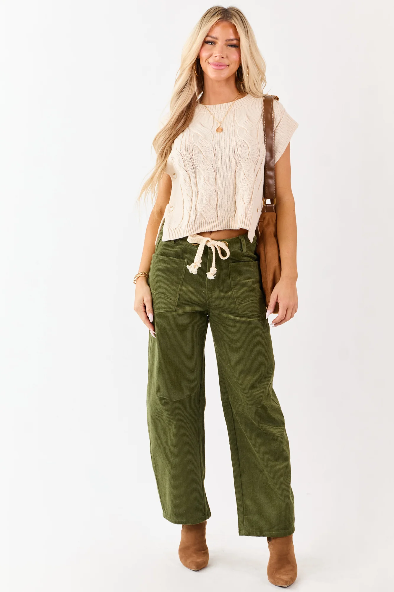 Wide Leg Corduroy Waist-Tie Pants Olive Green Ankle-Length