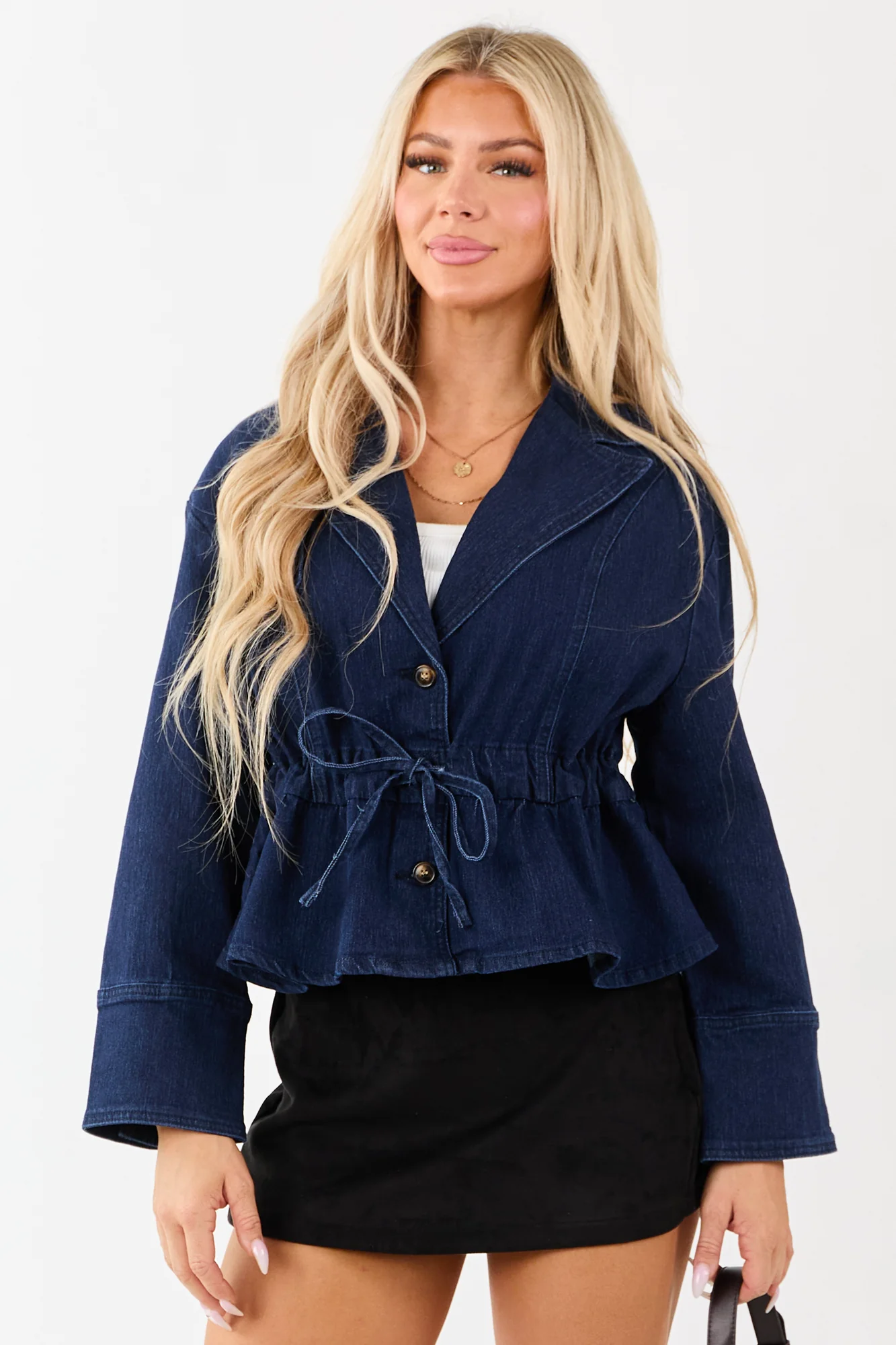 Denim Peplum Waist Tie Jacket - Flirty Button-Down Outerwear