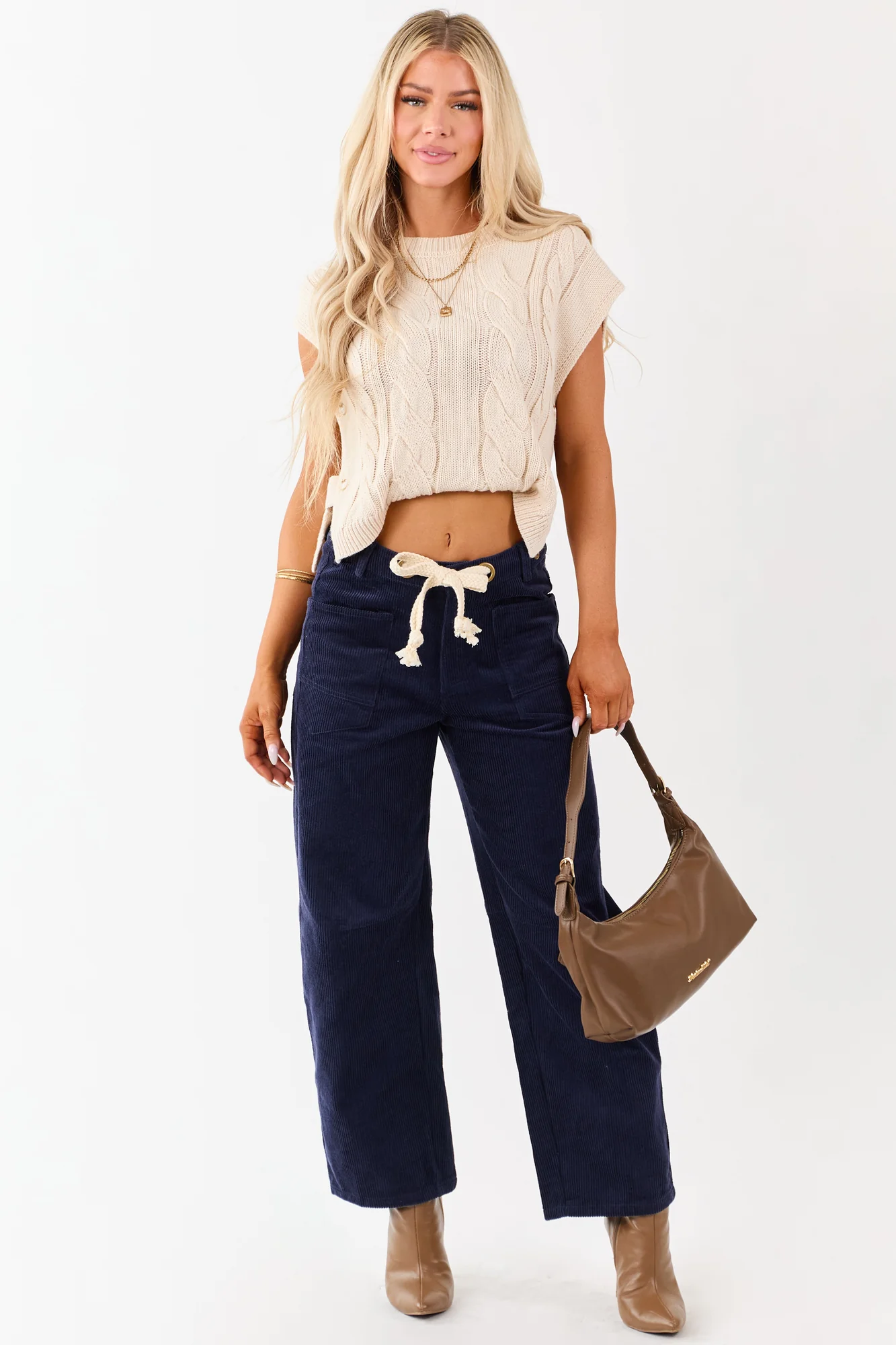 Navy Corduroy Wide Leg Waist Tie Pants with Adjustable Fit