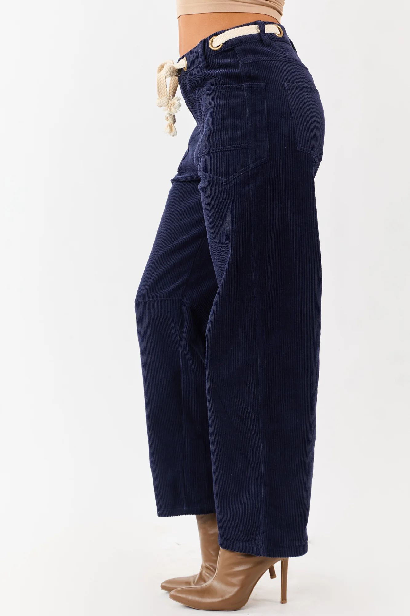 Navy Corduroy Wide Leg Waist Tie Pants with Adjustable Fit