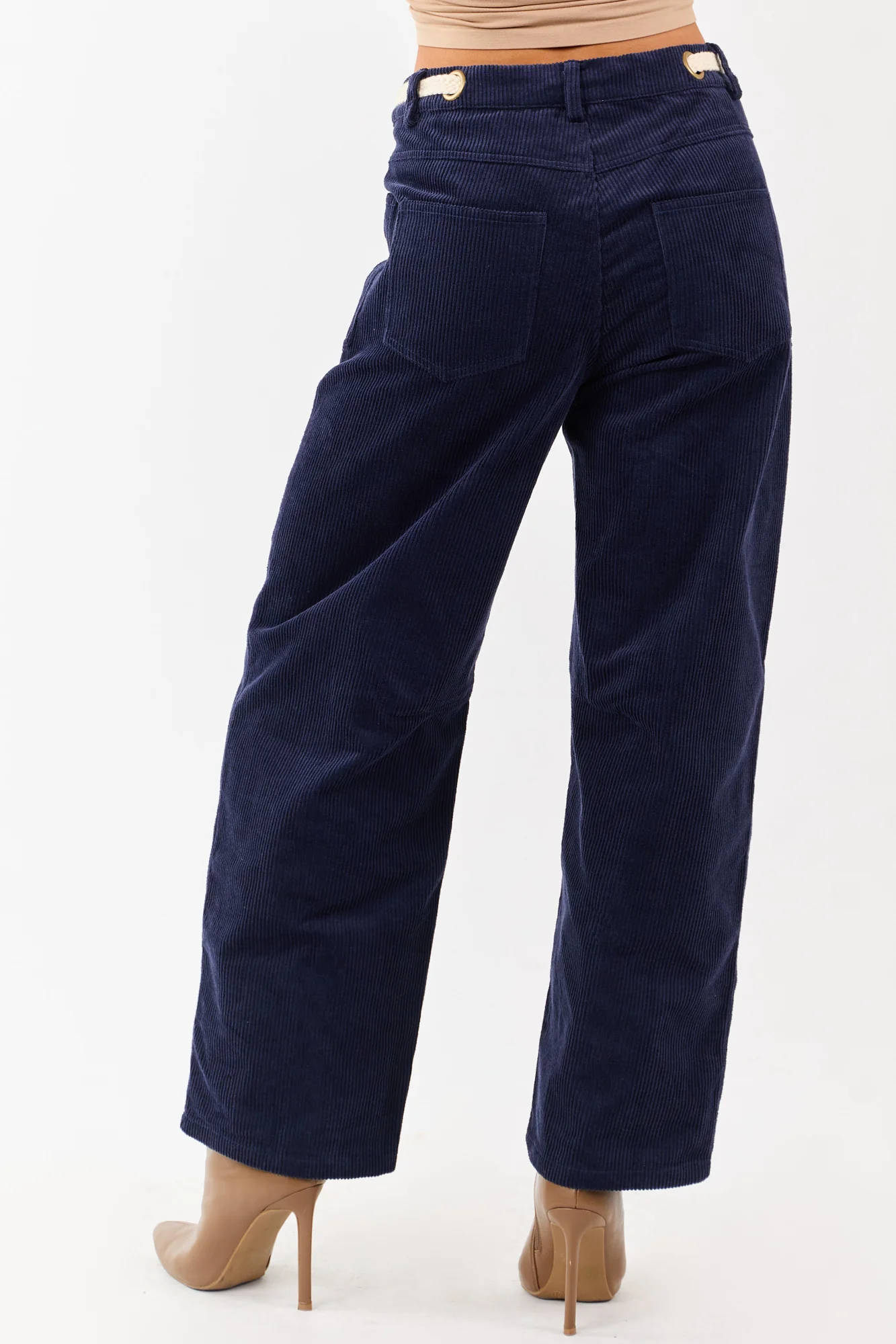 Navy Corduroy Wide Leg Waist Tie Pants with Adjustable Fit