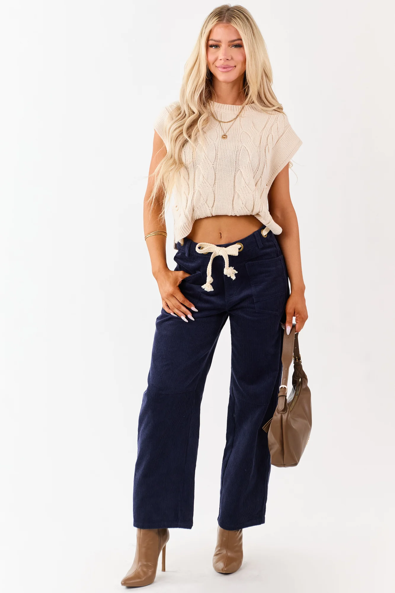 Navy Corduroy Wide Leg Waist Tie Pants with Adjustable Fit