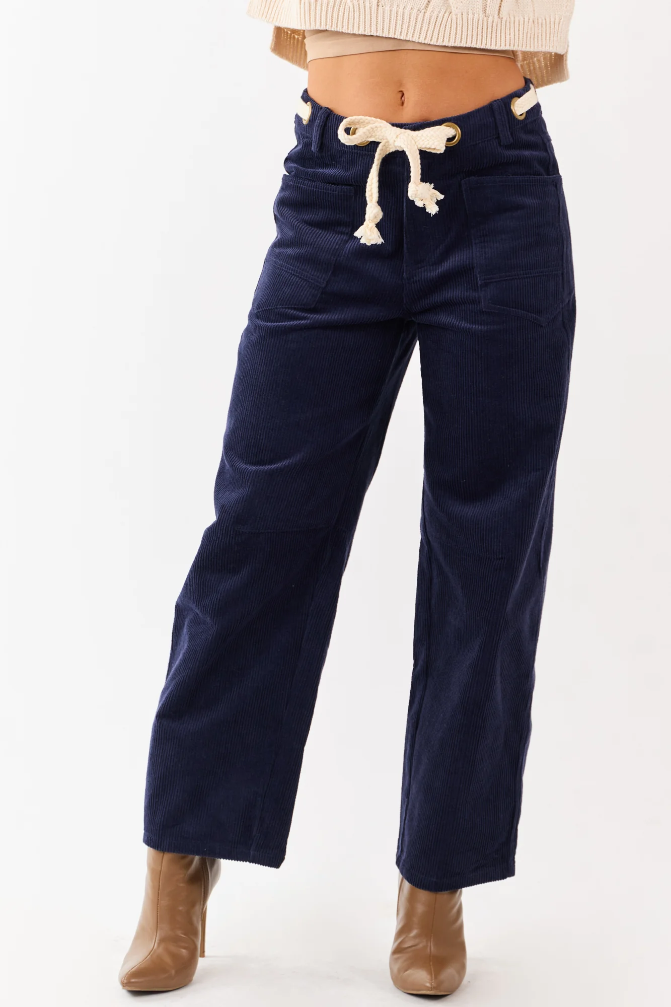 Navy Corduroy Wide Leg Waist Tie Pants with Adjustable Fit
