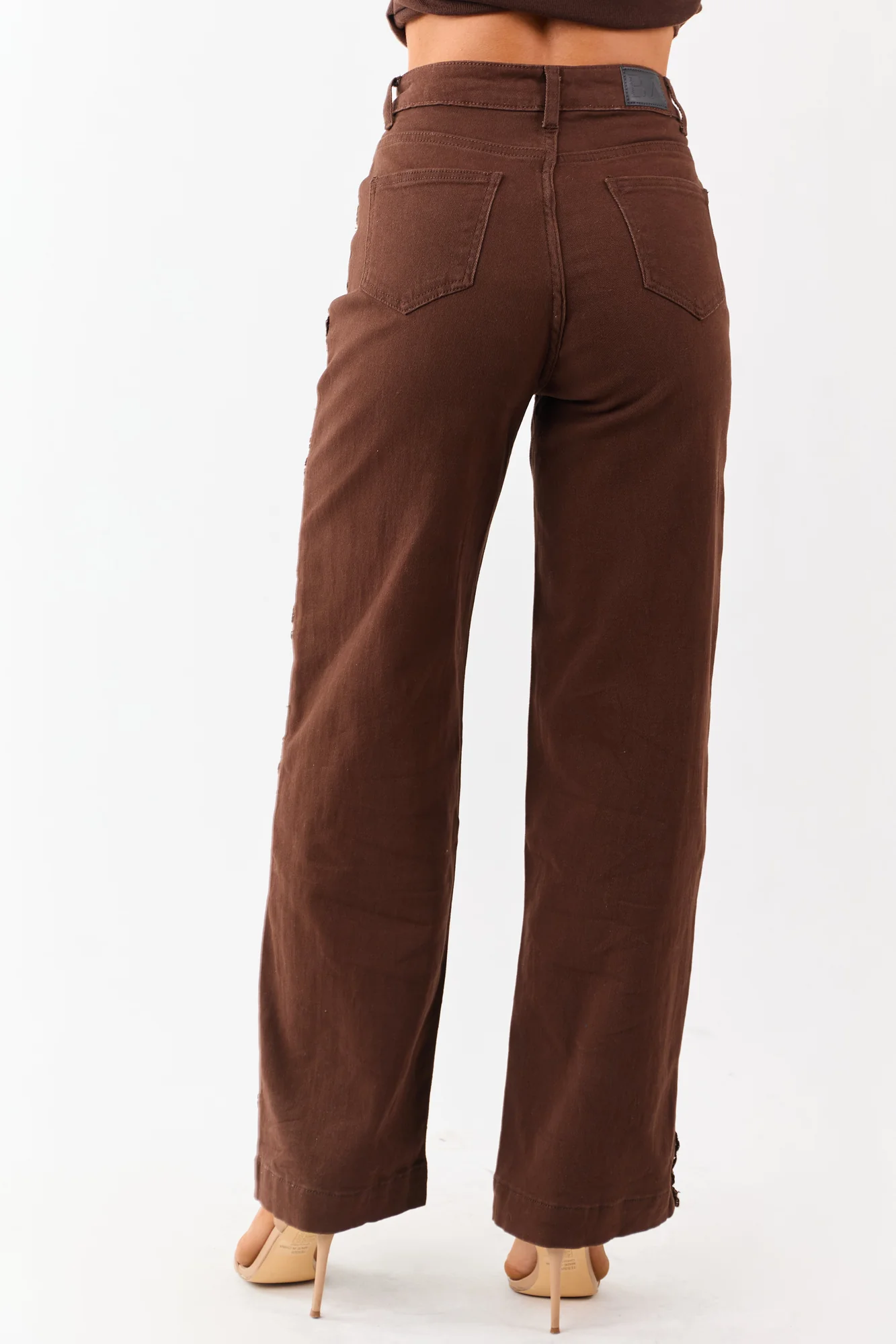 Brown Lace Trim High Rise Straight Leg Denim Jeans