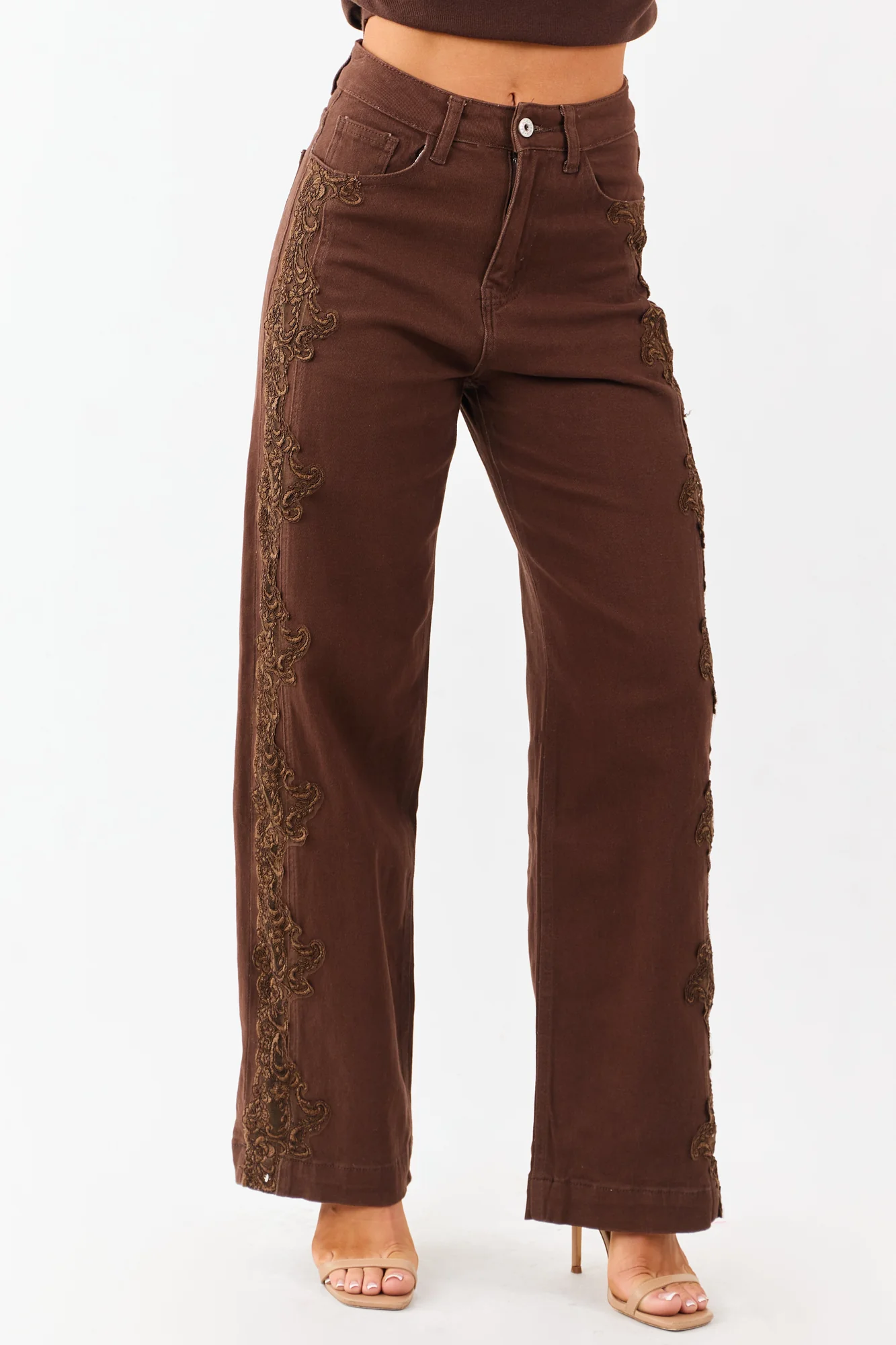 Brown Lace Trim High Rise Straight Leg Denim Jeans