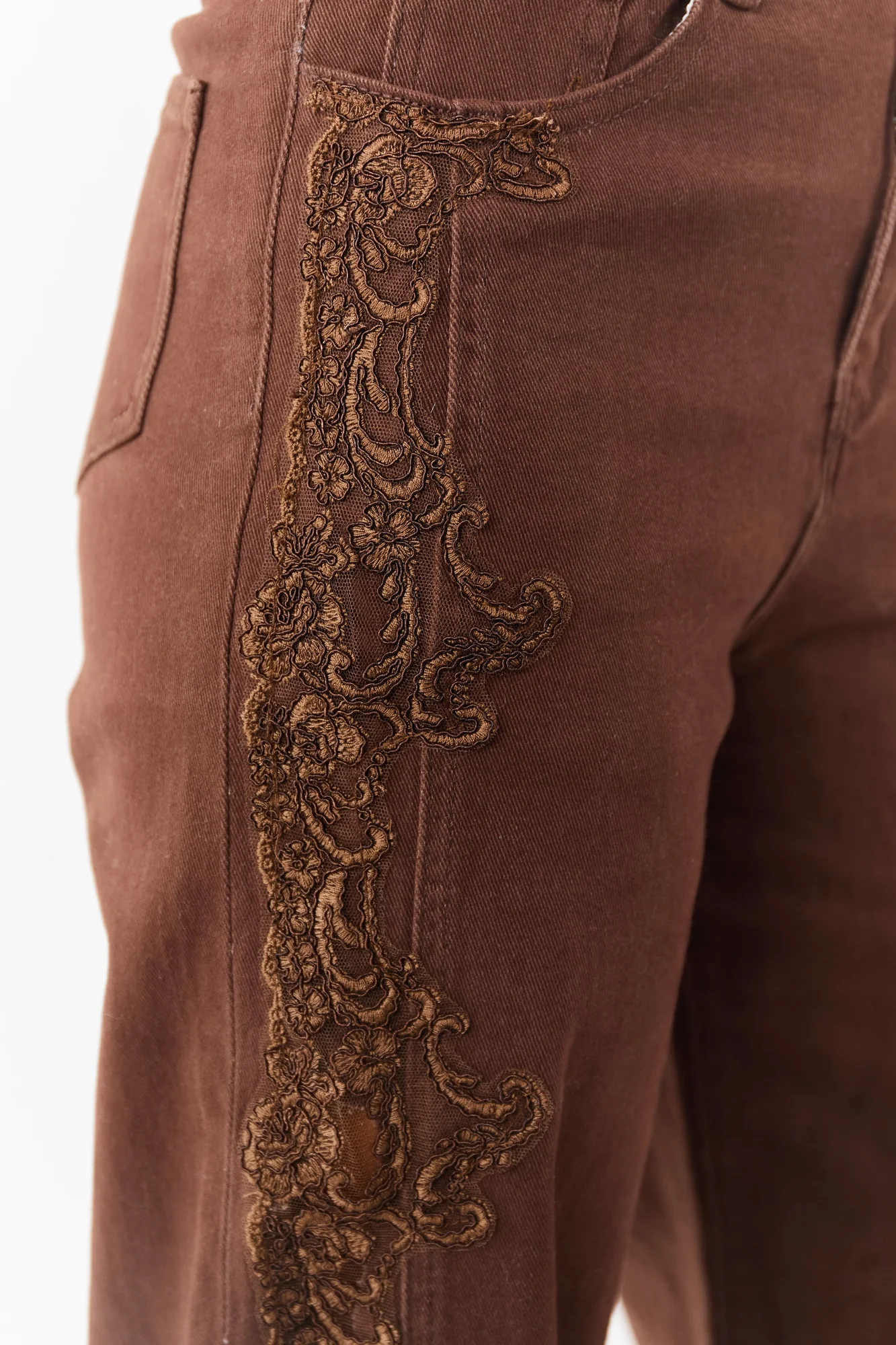Brown Lace Trim High Rise Straight Leg Denim Jeans