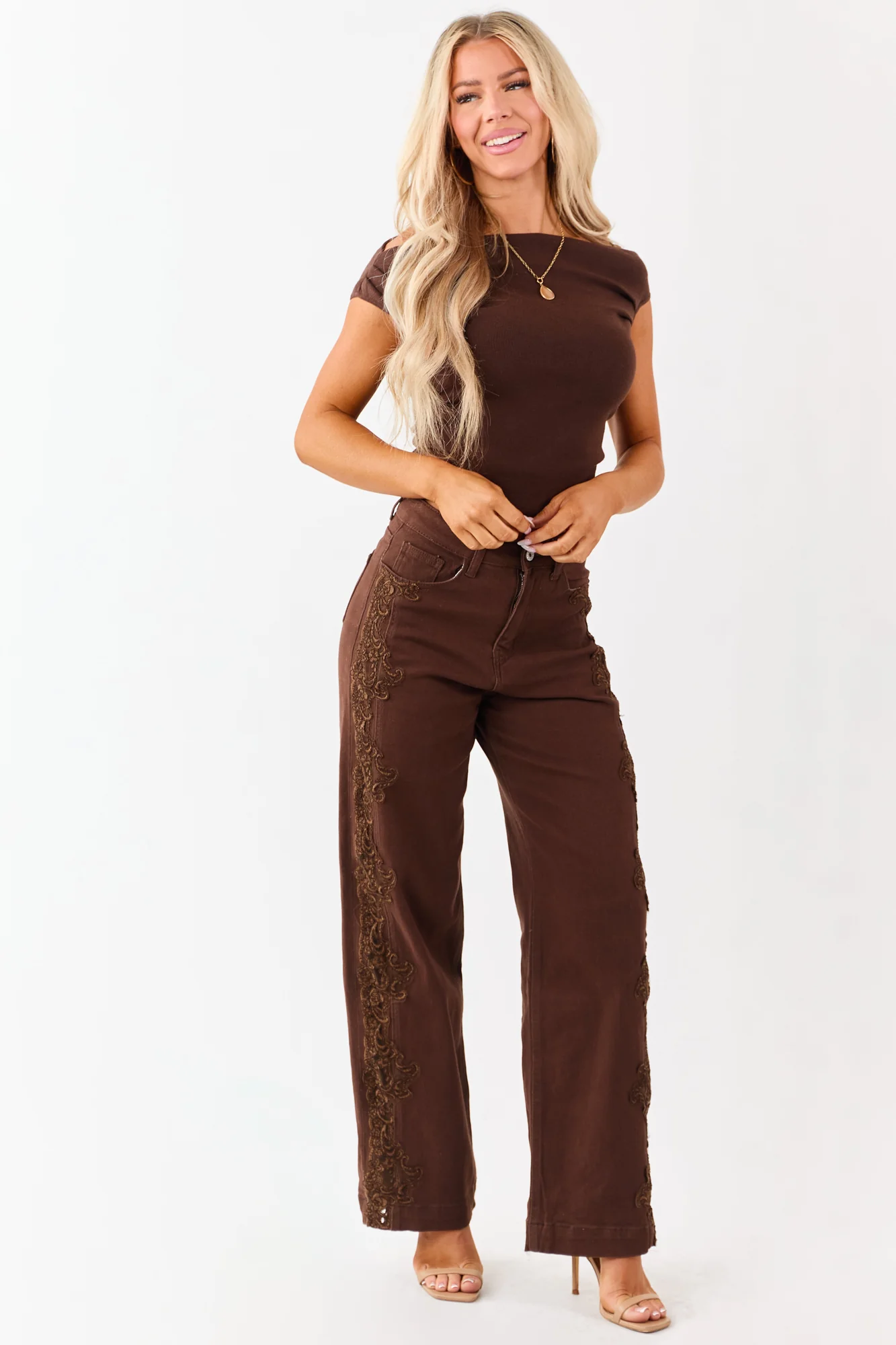 Brown Lace Trim High Rise Straight Leg Denim Jeans