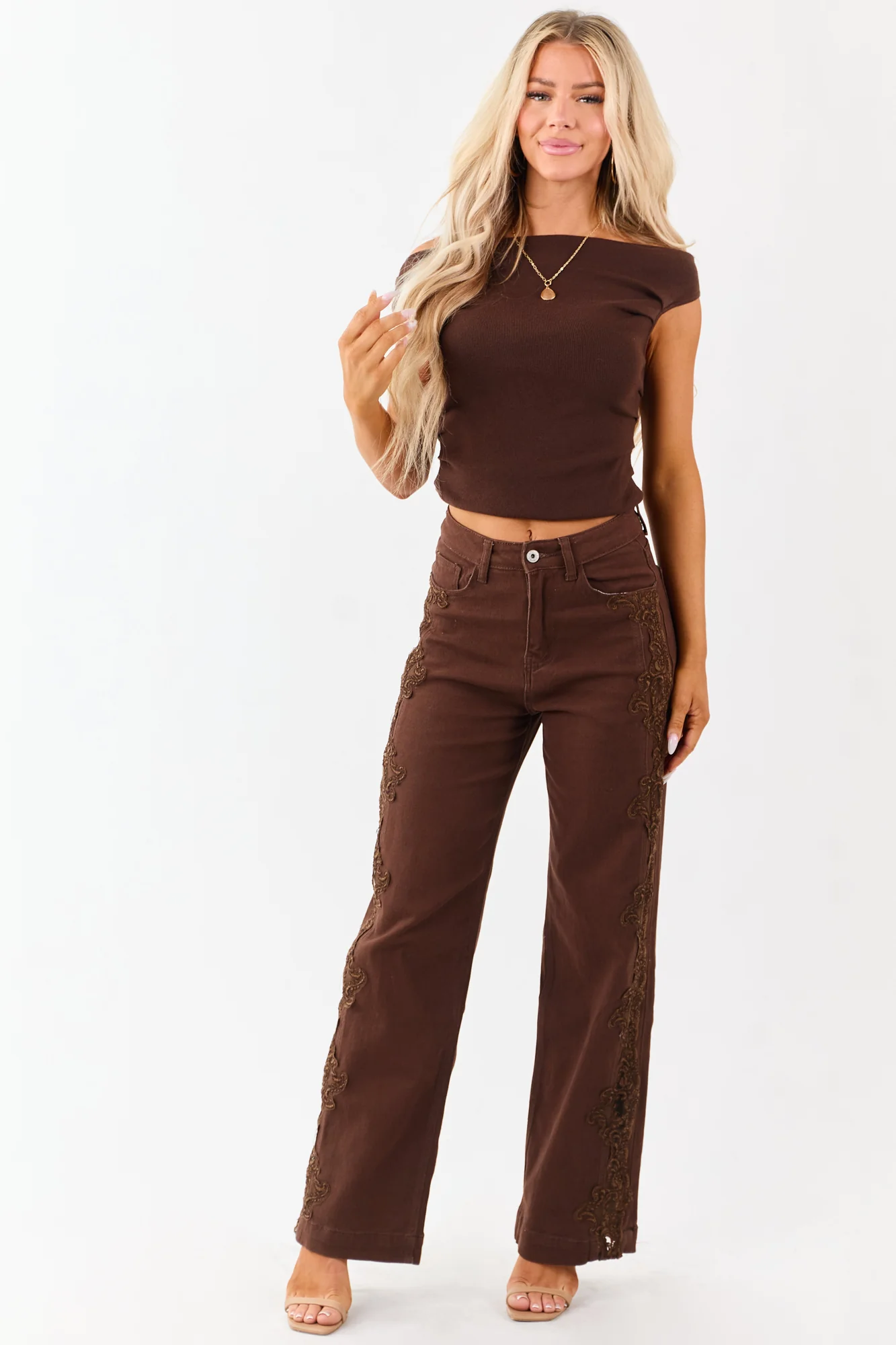 Brown Lace Trim High Rise Straight Leg Denim Jeans