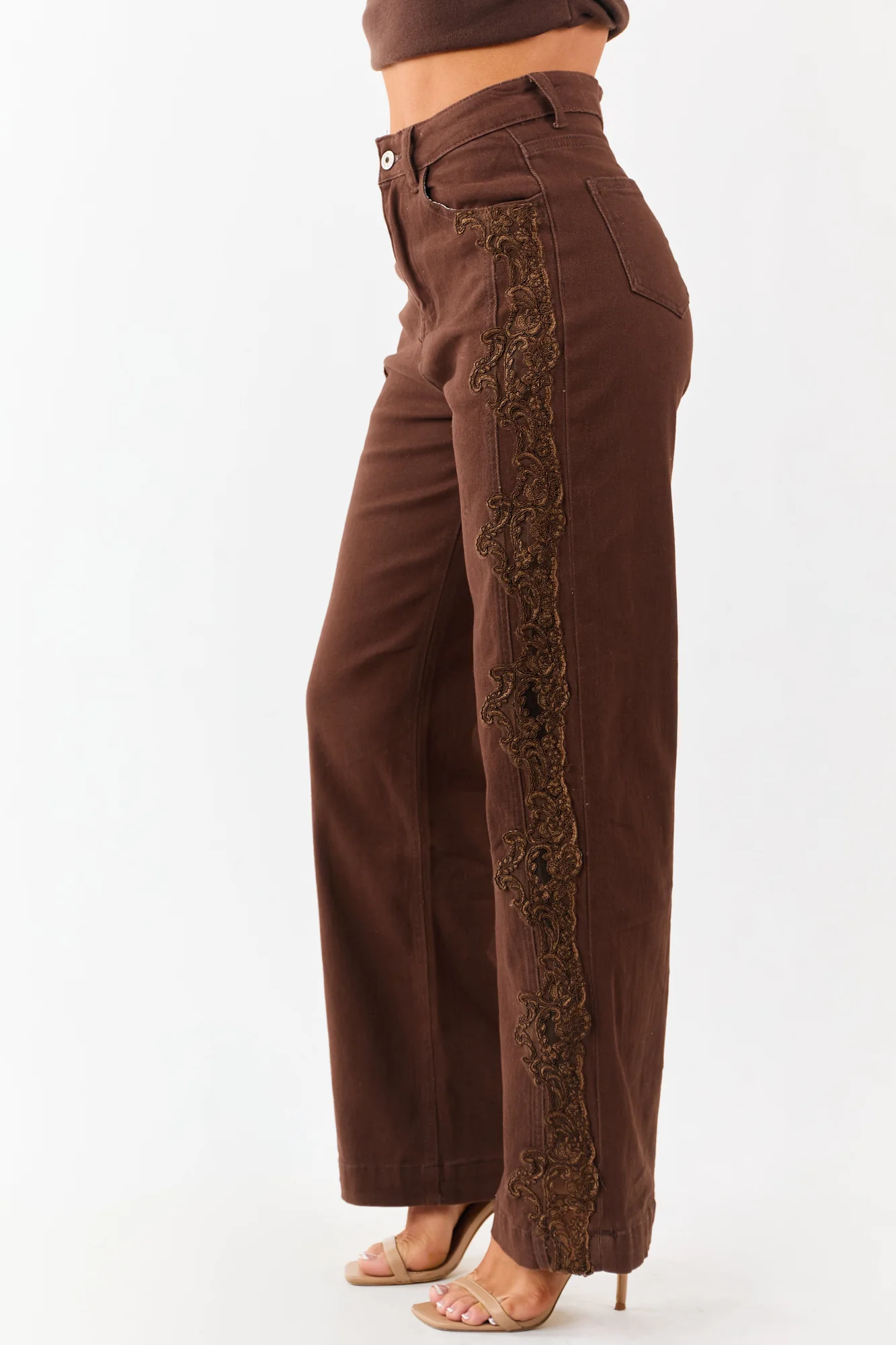 Brown Lace Trim High Rise Straight Leg Denim Jeans