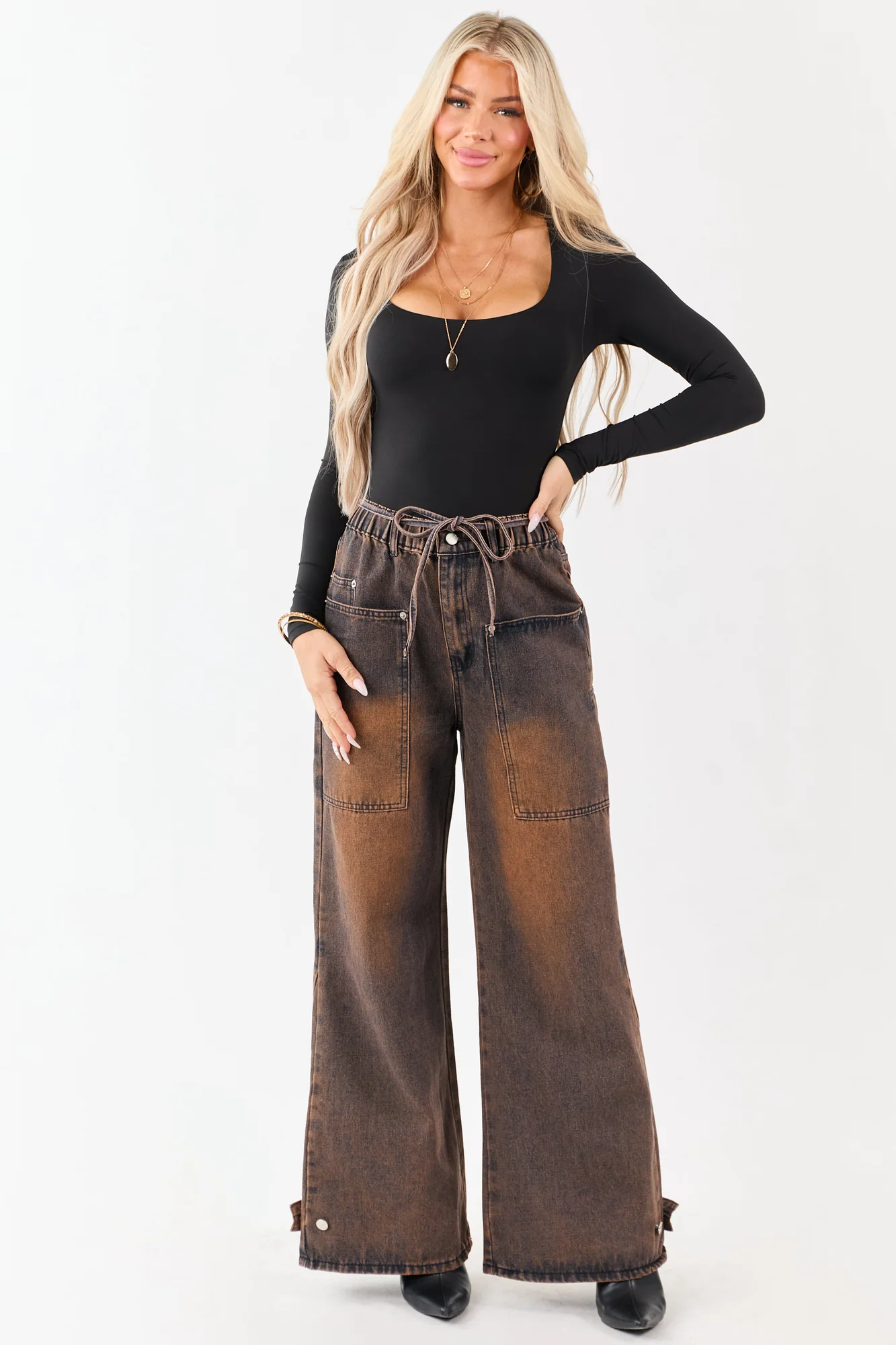 Brown Wide Leg High Rise Denim Jeans