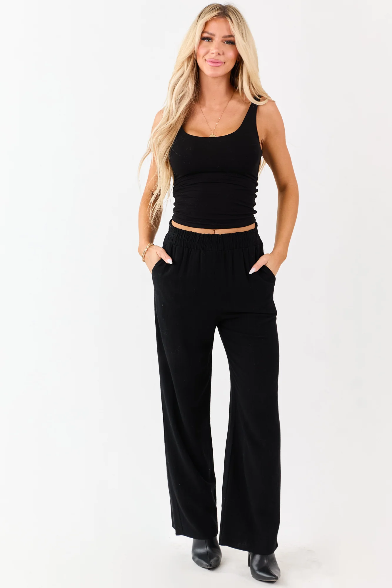 Black Linen Smocked Waistband Wide Leg Pants
