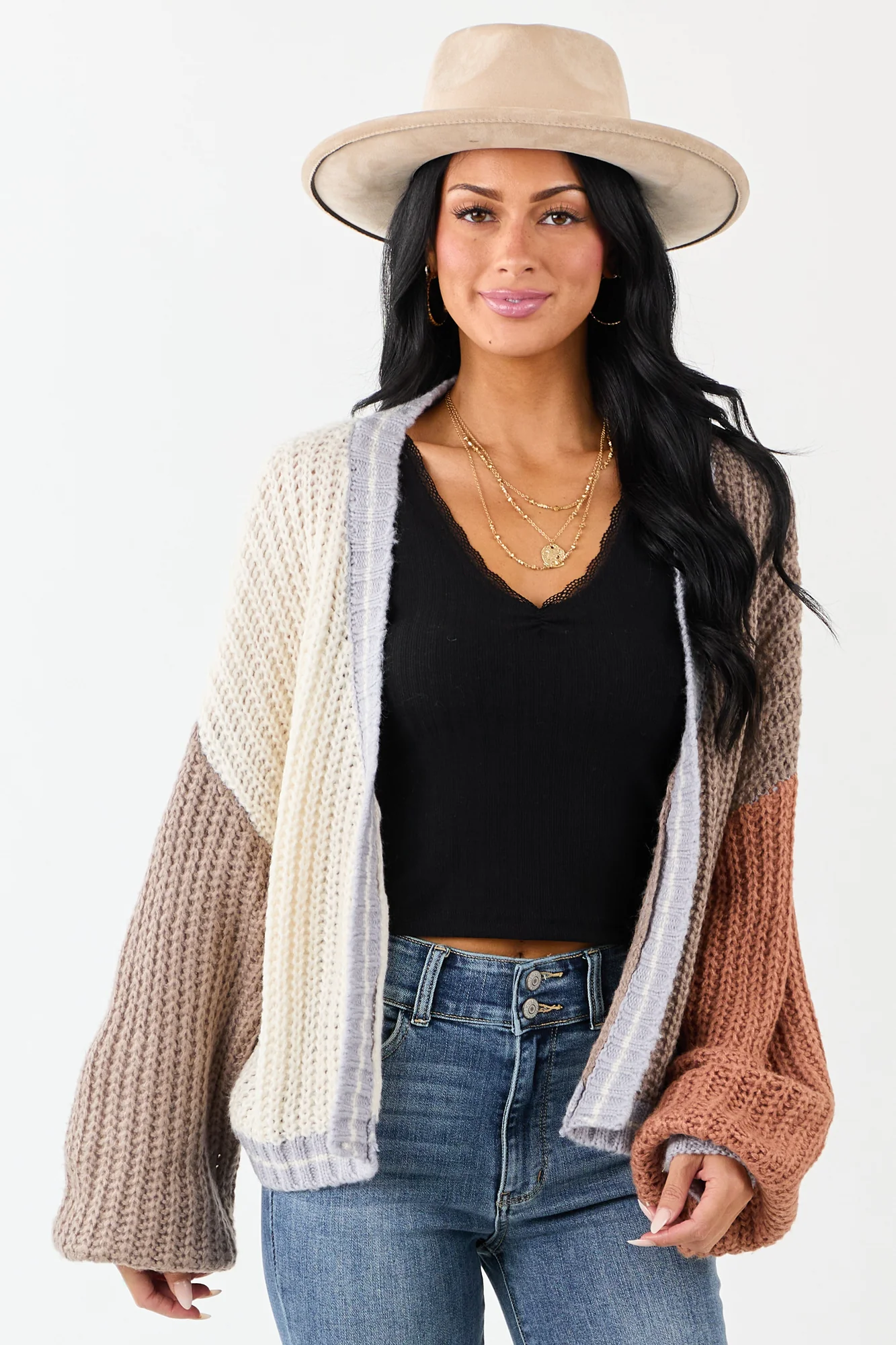 Cozy Cream Coffee Colorblock Knit Cardigan