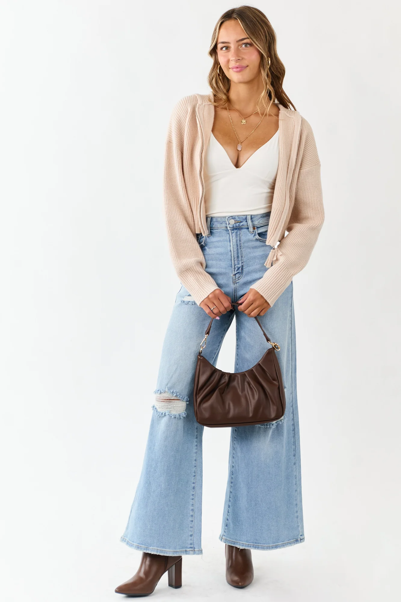 Rib Knit Flat Collar Zip Up Sweater Jacket