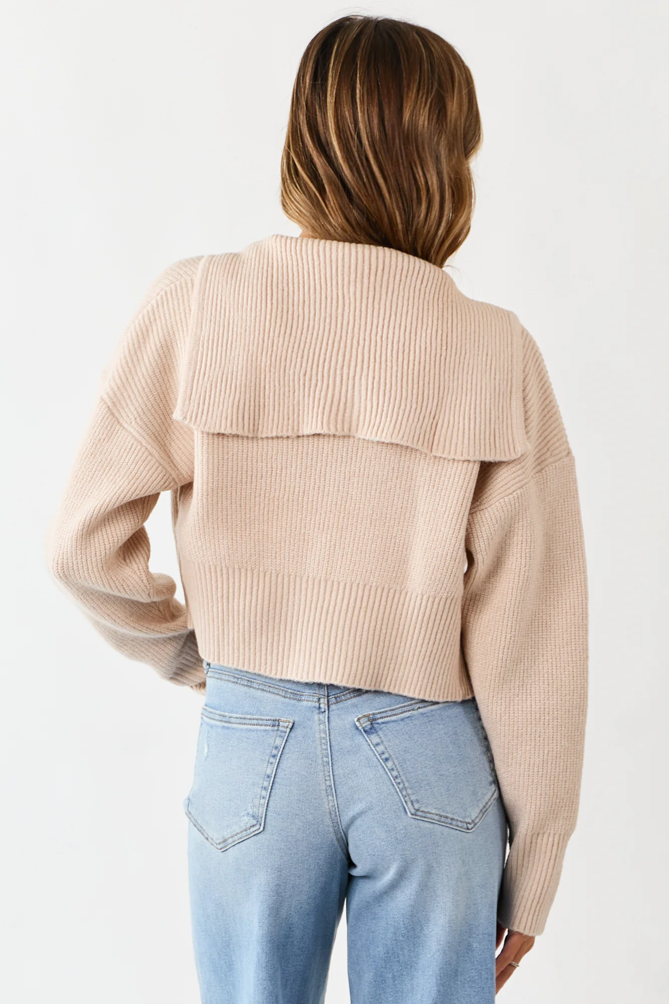 Rib Knit Flat Collar Zip Up Sweater Jacket