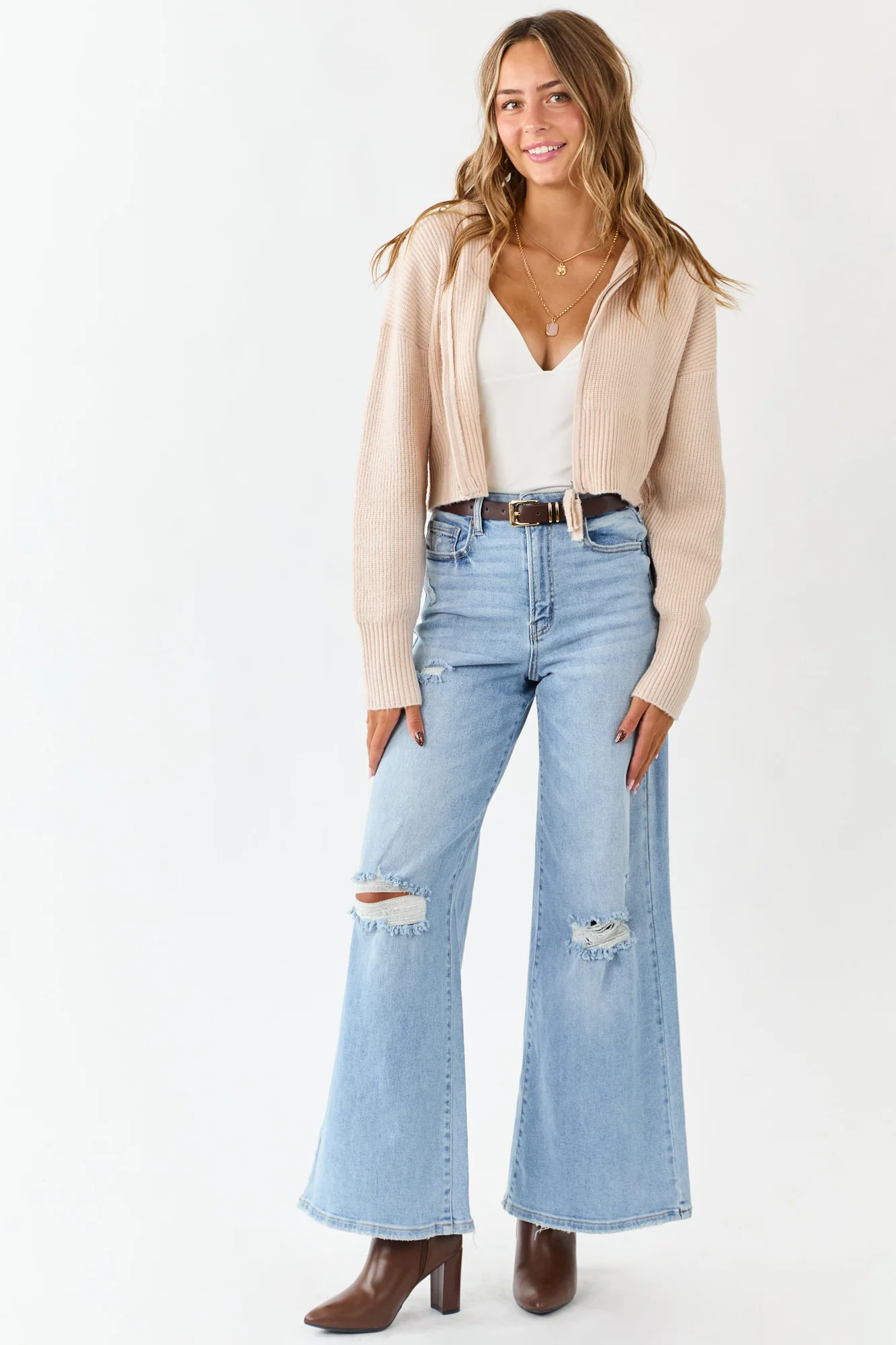 Rib Knit Flat Collar Zip Up Sweater Jacket