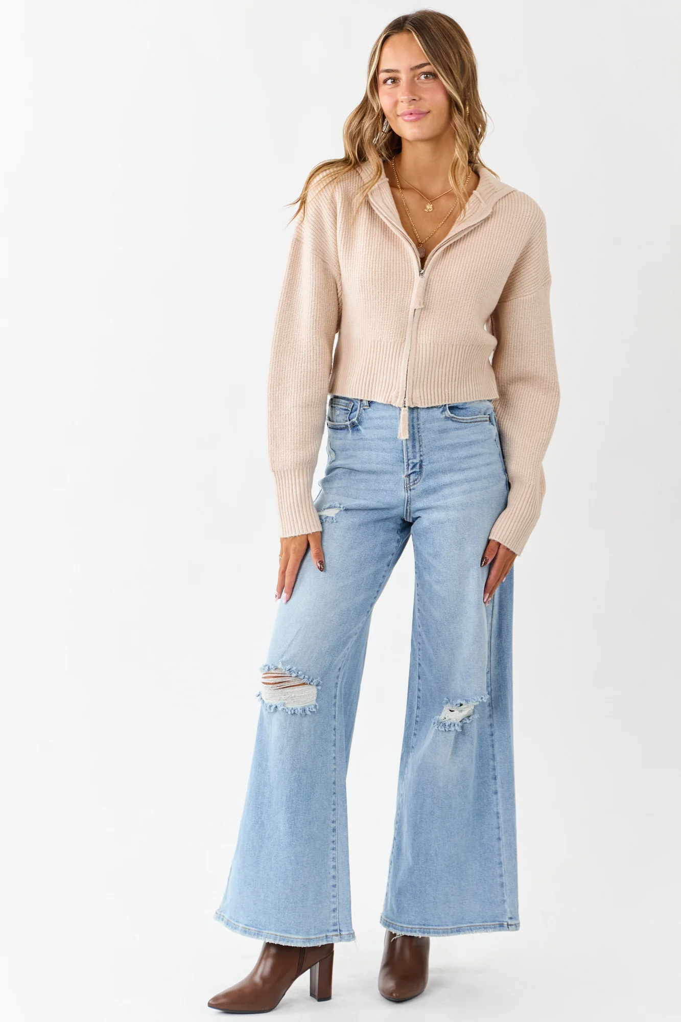 Rib Knit Flat Collar Zip Up Sweater Jacket