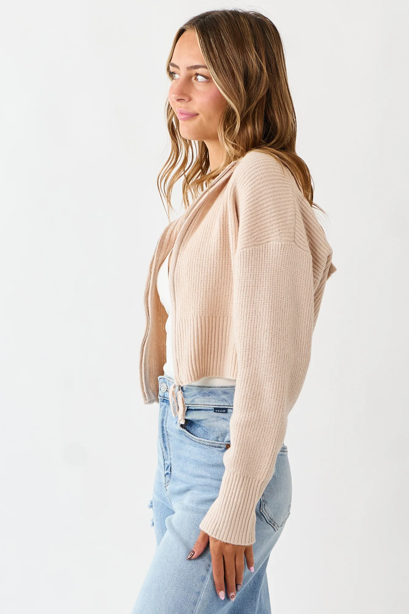 Rib Knit Flat Collar Zip Up Sweater Jacket