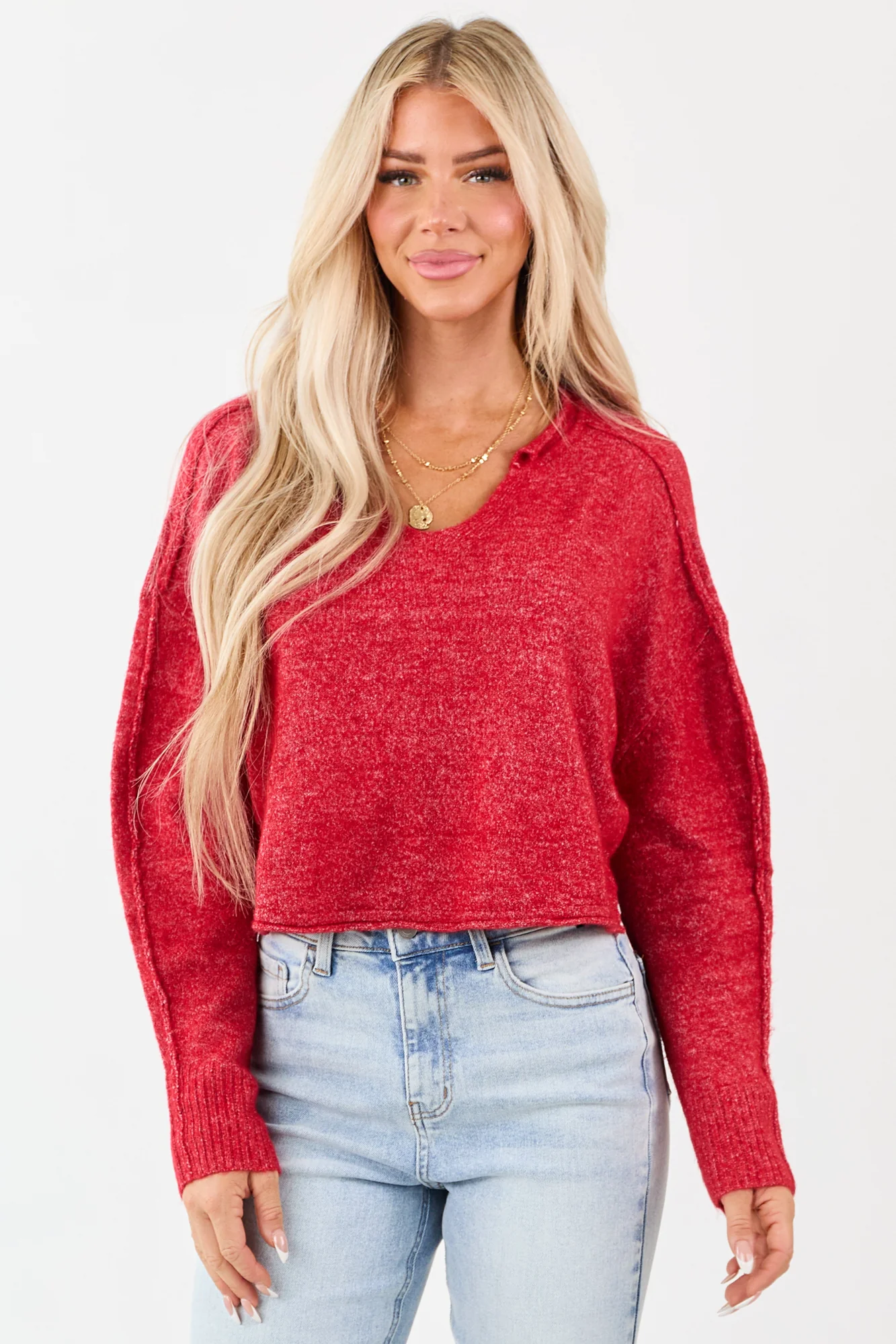 Red Cropped V-Neck Wool Blend Boxy Sweater