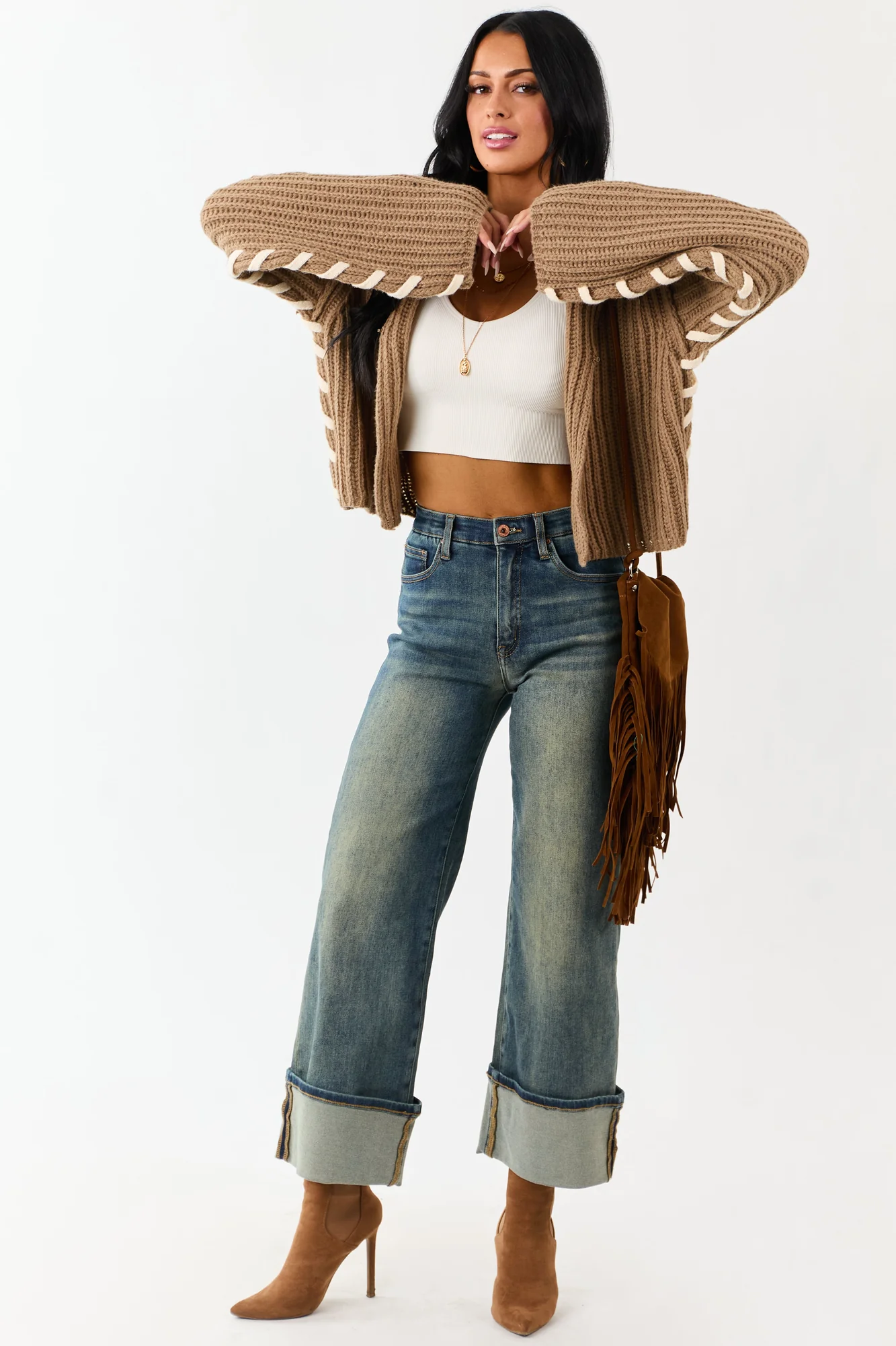 Cream Rib Knit Cardigan with Contrast Stitching