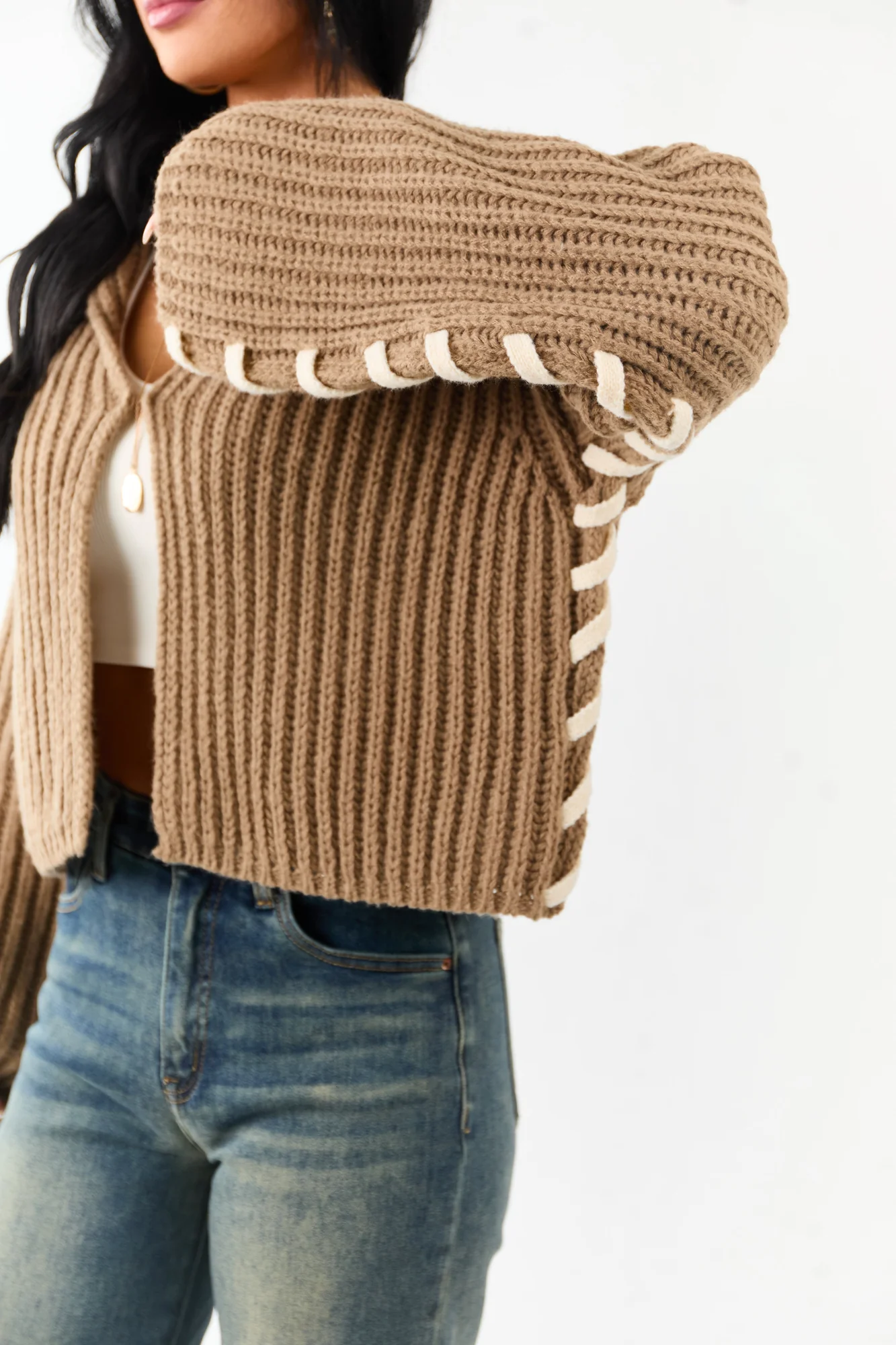 Cream Rib Knit Cardigan with Contrast Stitching