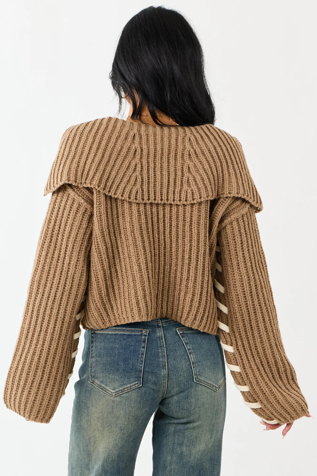 Cream Rib Knit Cardigan with Contrast Stitching