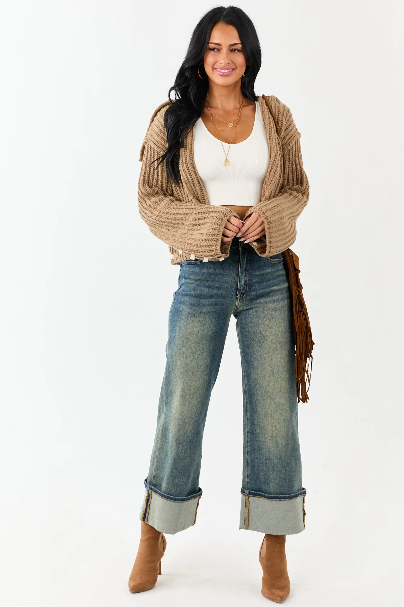 Cream Rib Knit Cardigan with Contrast Stitching