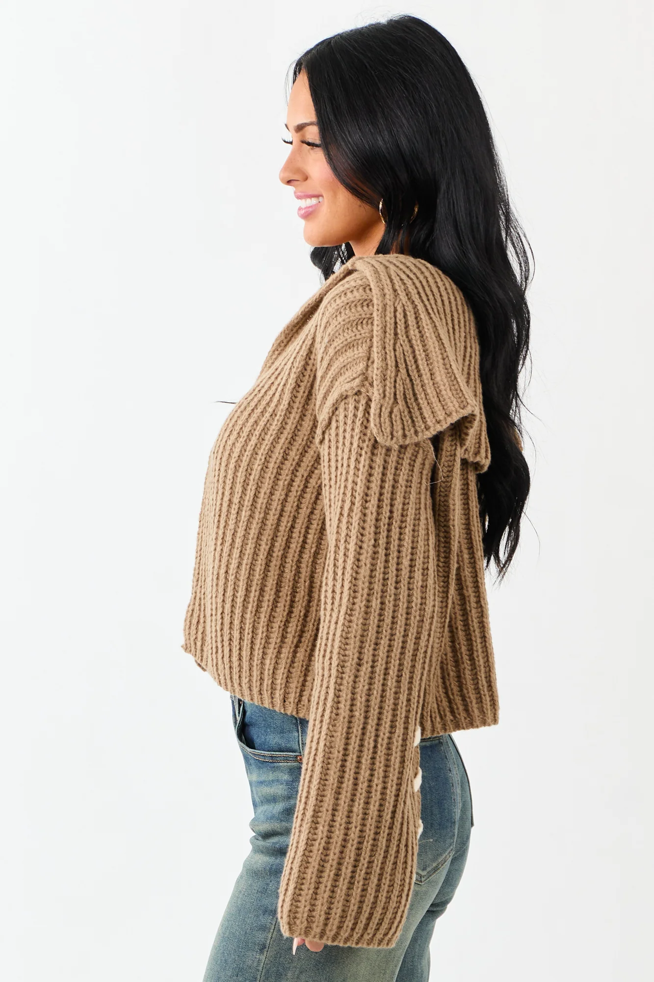 Cream Rib Knit Cardigan with Contrast Stitching